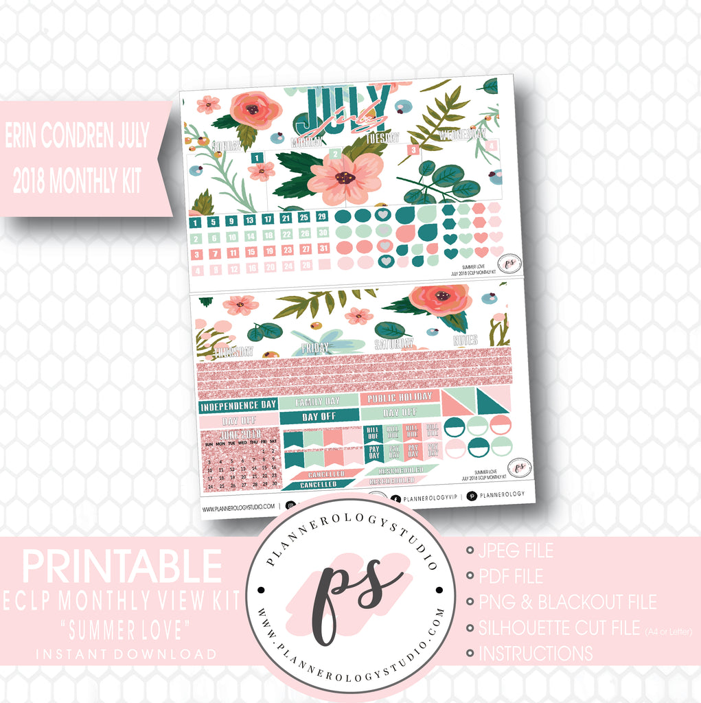 Summer Love July 2018 Monthly View Kit Digital Printable Planner Stickers (for use with Erin Condren) - Plannerologystudio