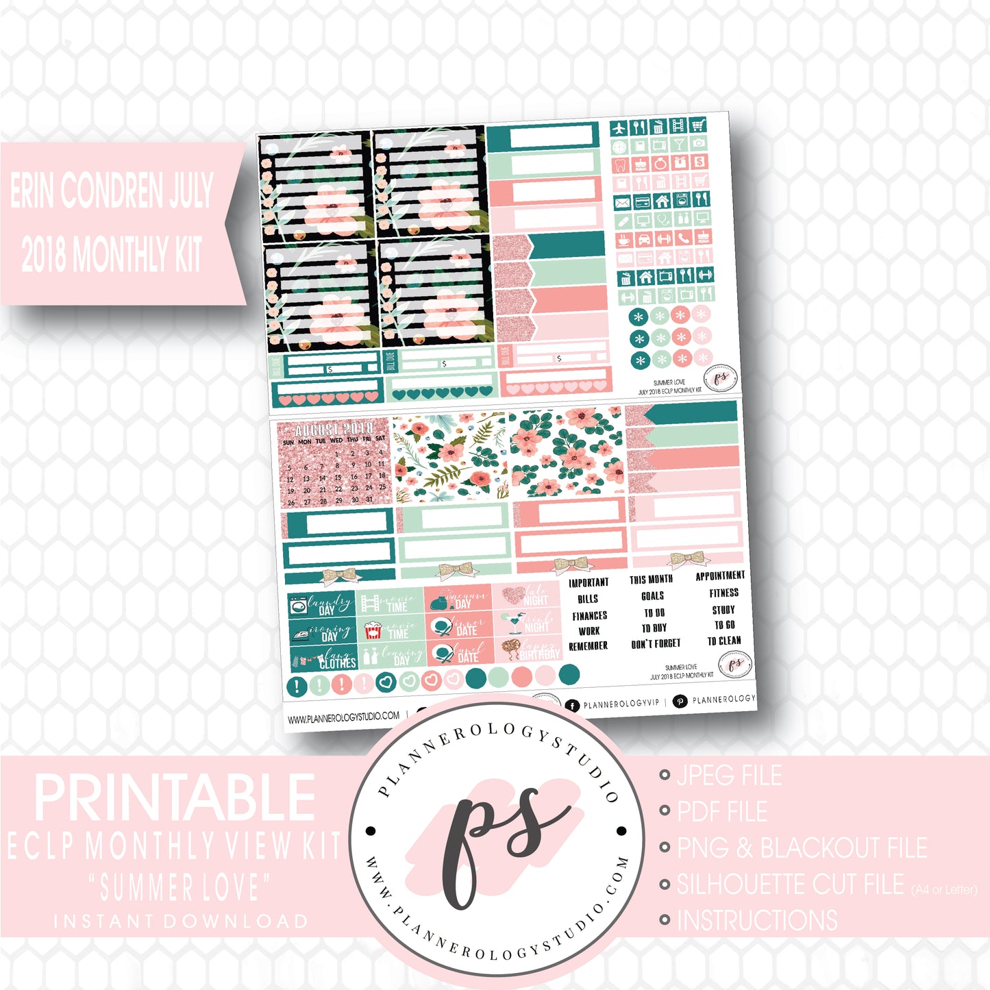 Summer Love July 2018 Monthly View Kit Digital Printable Planner Stickers (for use with Erin Condren) - Plannerologystudio