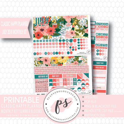 Summer Blooms July 2018 Monthly View Kit Digital Printable Planner Stickers (for use with Classic Happy Planner) - Plannerologystudio