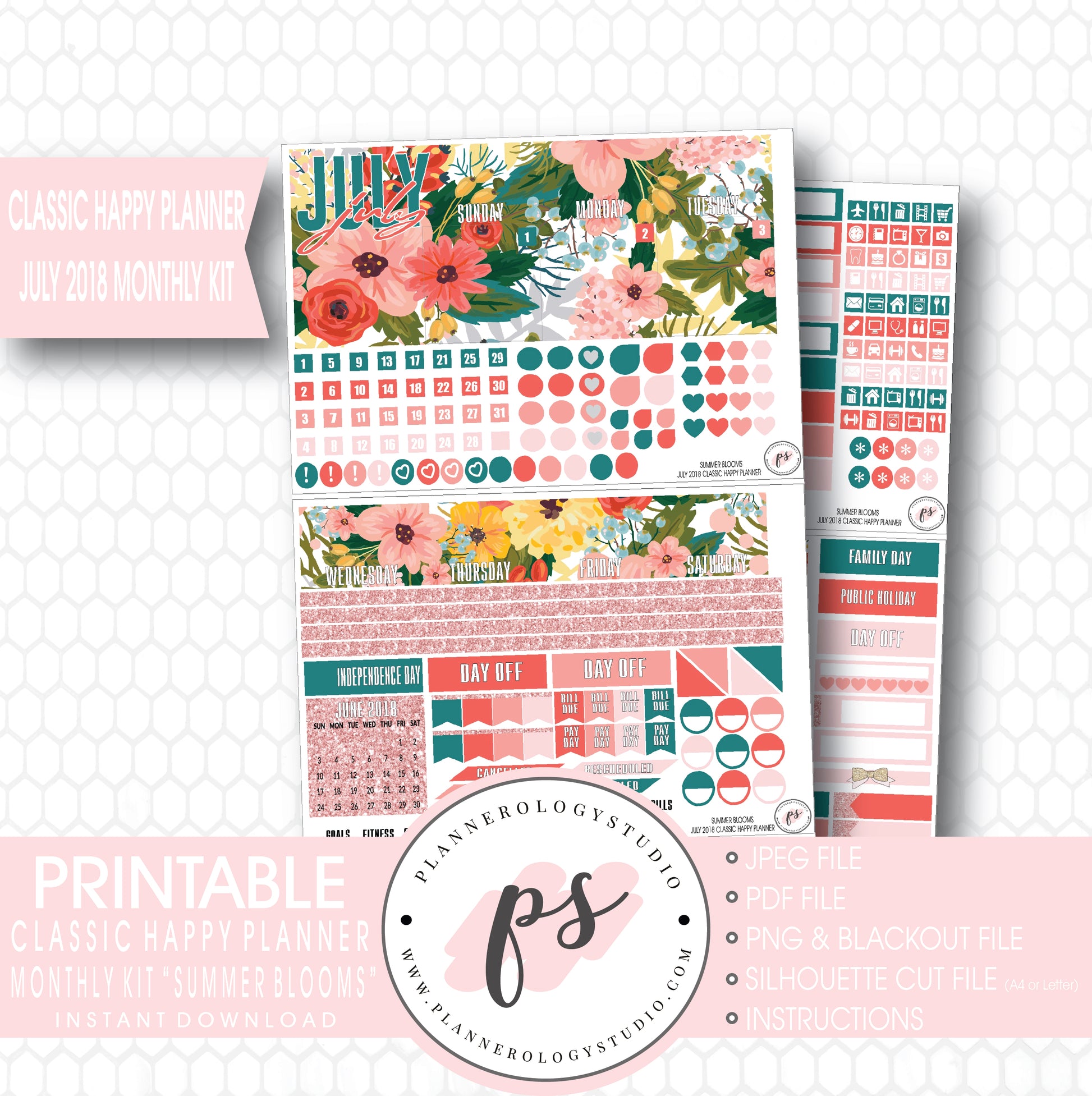 Summer Blooms July 2018 Monthly View Kit Digital Printable Planner Stickers (for use with Classic Happy Planner) - Plannerologystudio