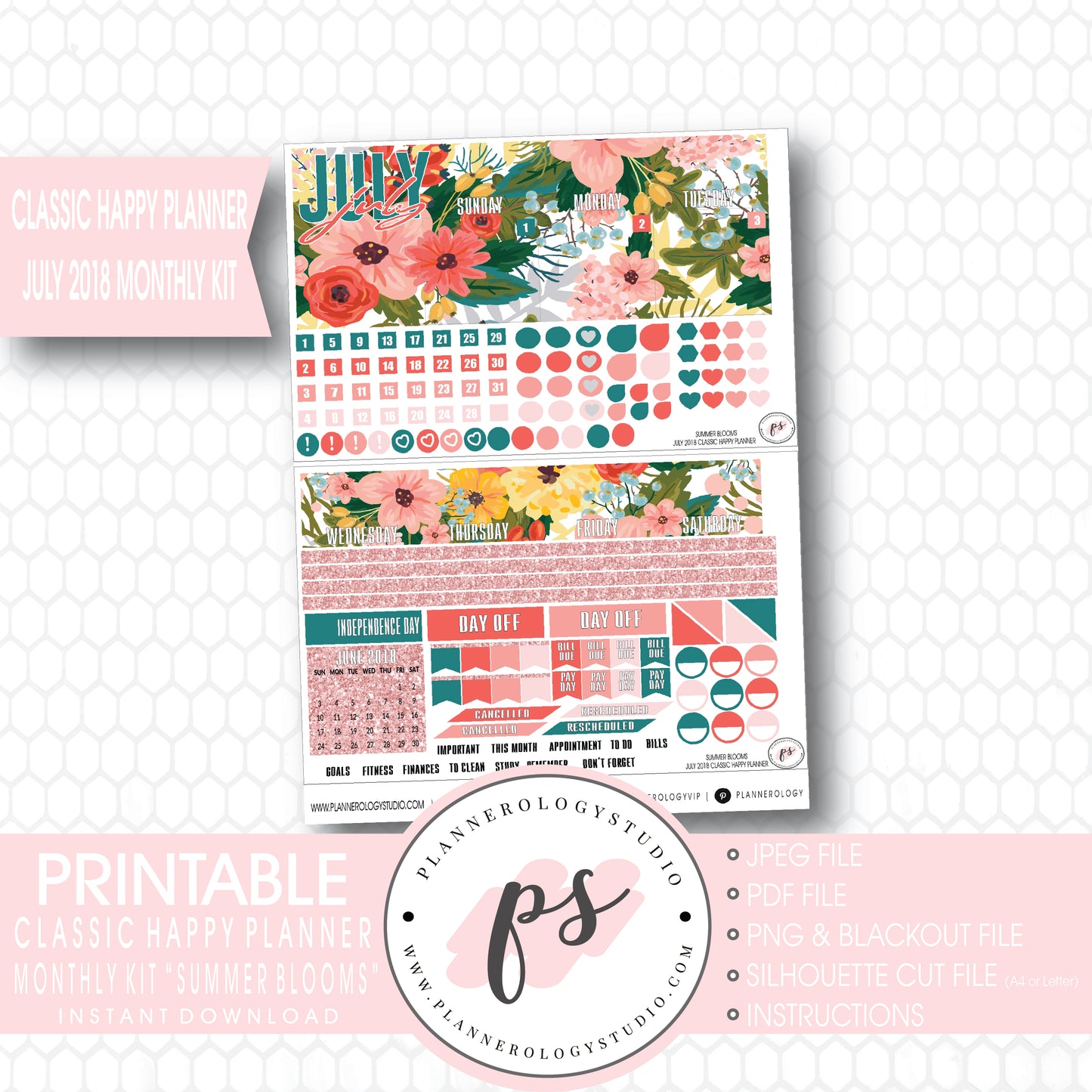 Summer Blooms July 2018 Monthly View Kit Digital Printable Planner Stickers (for use with Classic Happy Planner) - Plannerologystudio