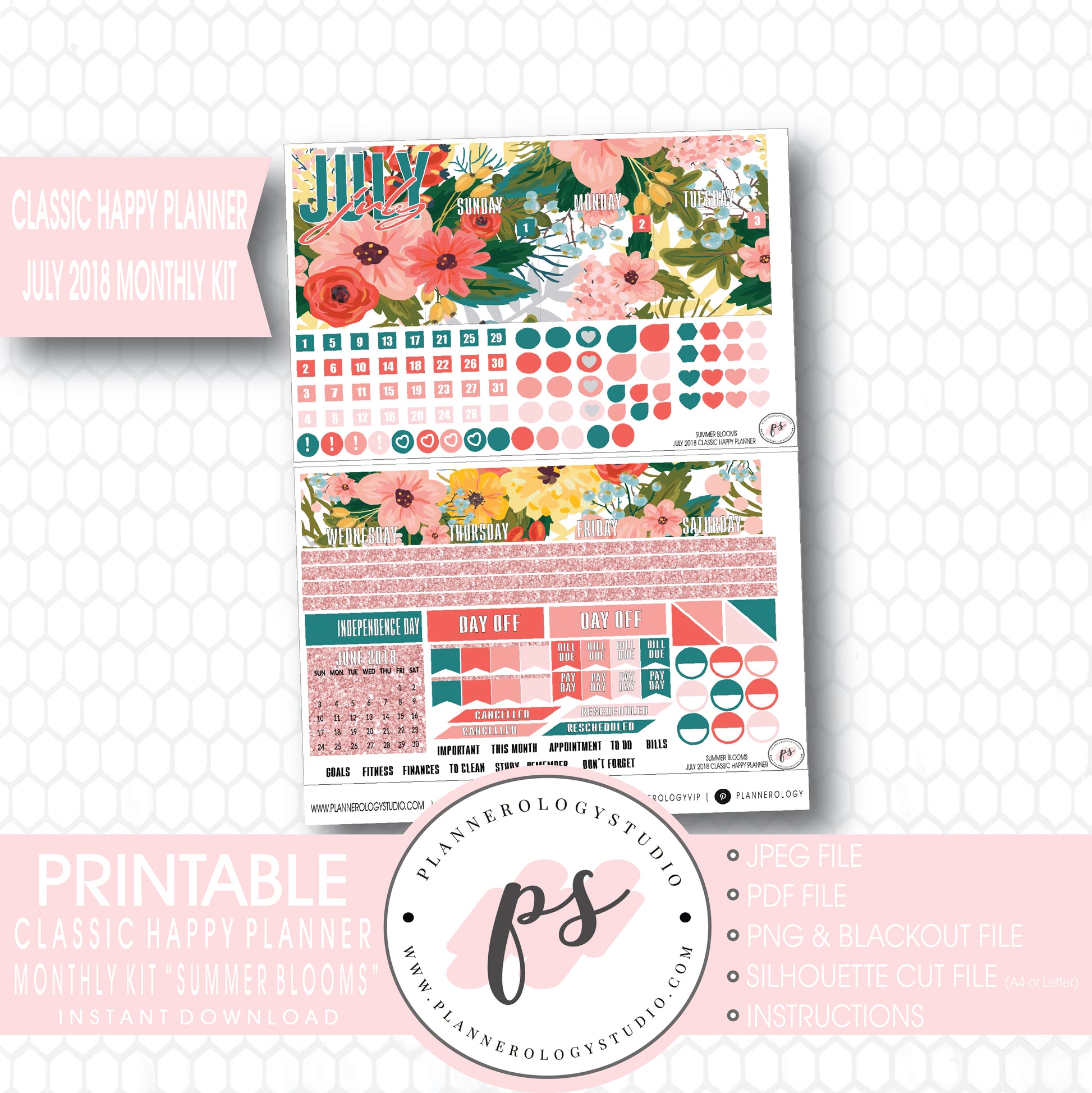 Summer Blooms July 2018 Monthly View Kit Digital Printable Planner Stickers (for use with Classic Happy Planner) - Plannerologystudio