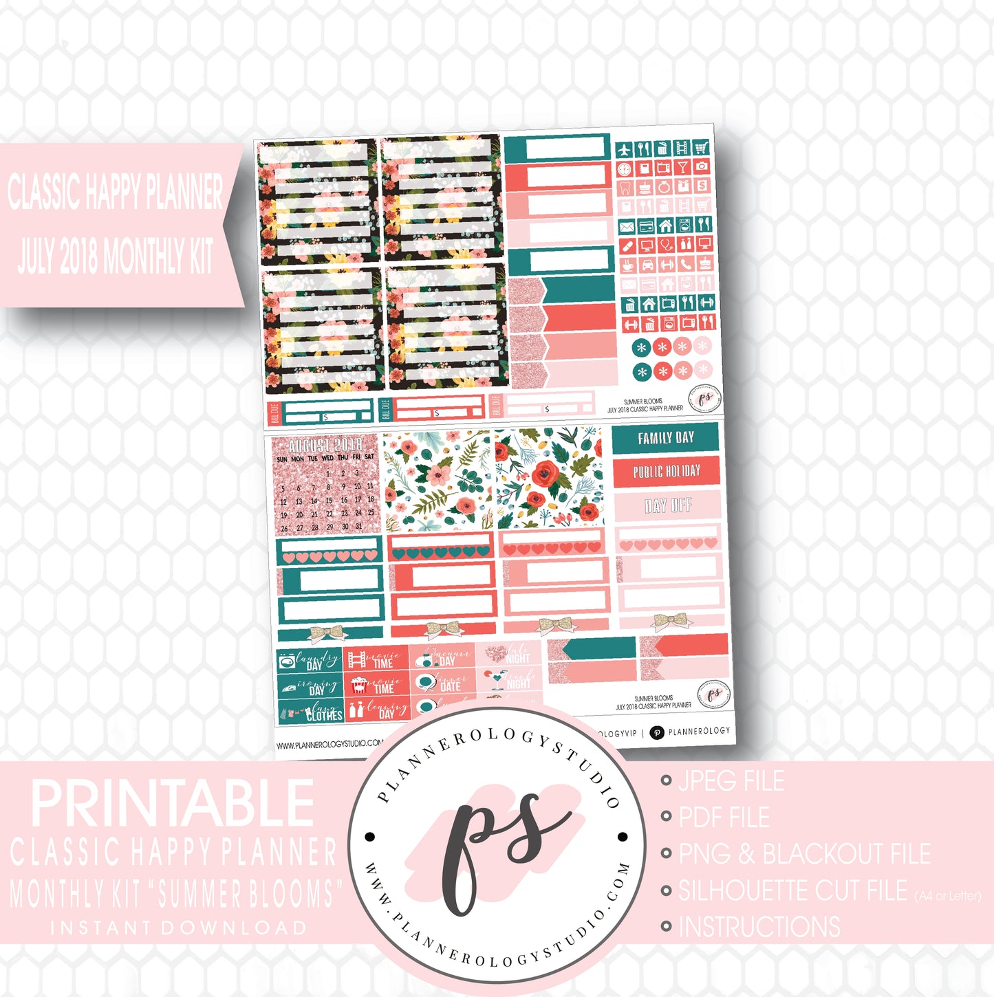 Summer Blooms July 2018 Monthly View Kit Digital Printable Planner Stickers (for use with Classic Happy Planner) - Plannerologystudio