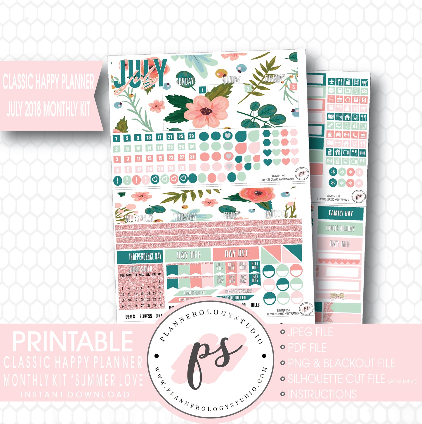 Summer Love July 2018 Monthly View Kit Digital Printable Planner Stickers (for use with Classic Happy Planner) - Plannerologystudio