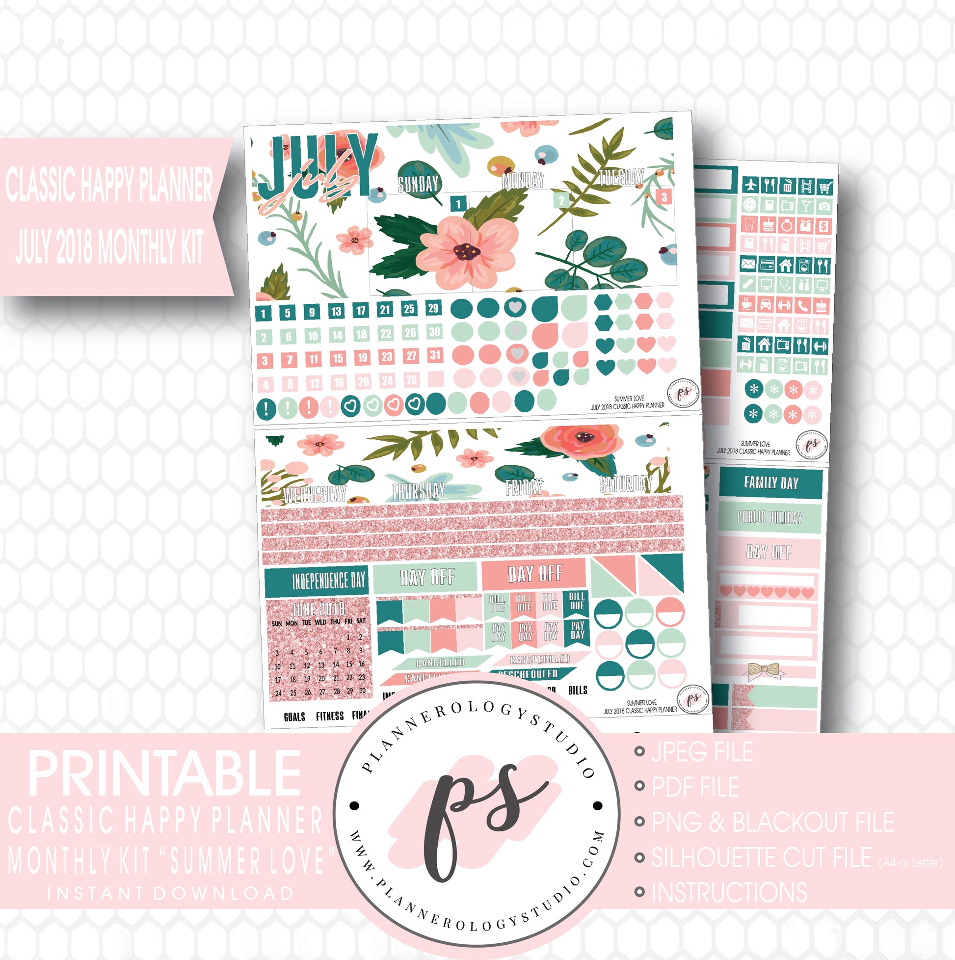 Summer Love July 2018 Monthly View Kit Digital Printable Planner Stickers (for use with Classic Happy Planner) - Plannerologystudio