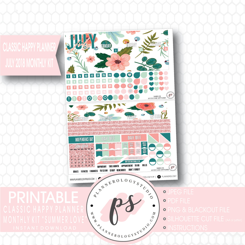 Summer Love July 2018 Monthly View Kit Digital Printable Planner Stickers (for use with Classic Happy Planner) - Plannerologystudio