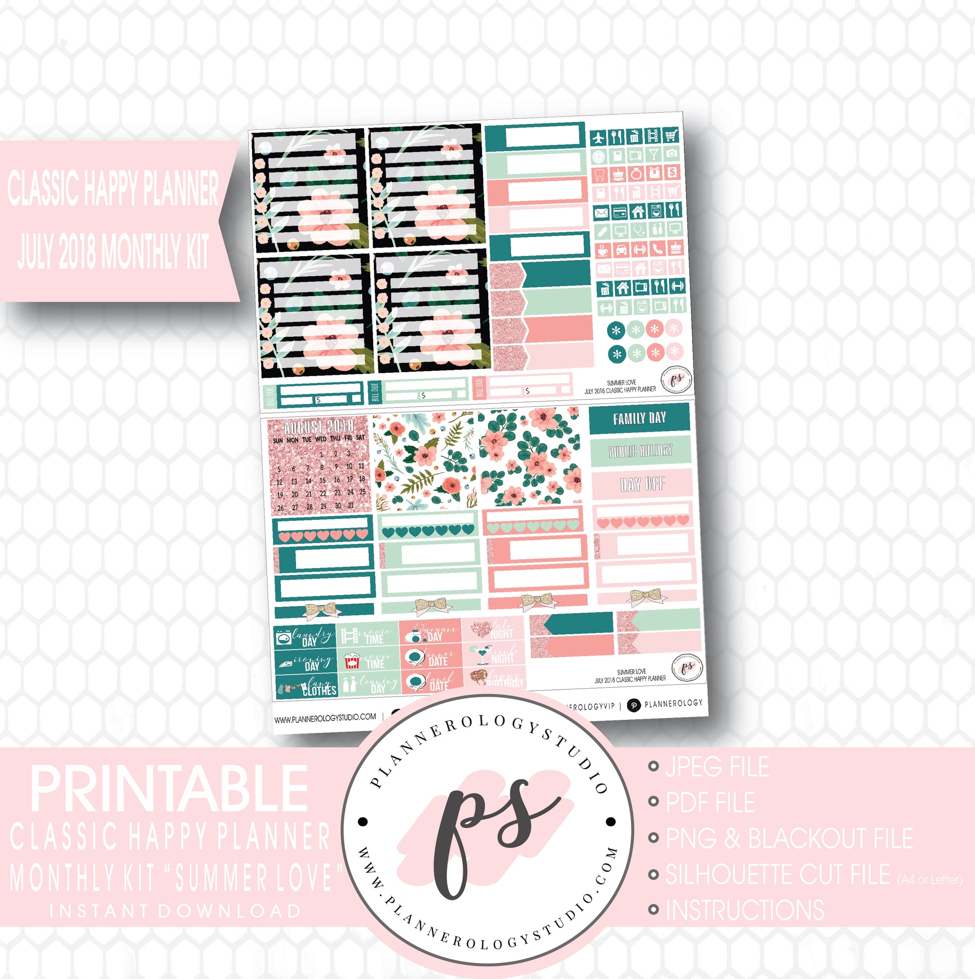 Summer Love July 2018 Monthly View Kit Digital Printable Planner Stickers (for use with Classic Happy Planner) - Plannerologystudio