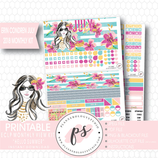 Hello Summer July 2018 Monthly View Kit Digital Printable Planner Stickers (for use with Erin Condren) - Plannerologystudio