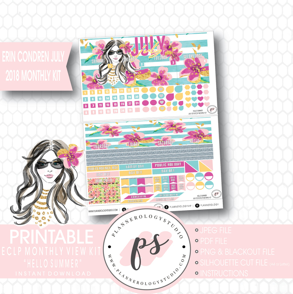 Hello Summer July 2018 Monthly View Kit Digital Printable Planner Stickers (for use with Erin Condren) - Plannerologystudio