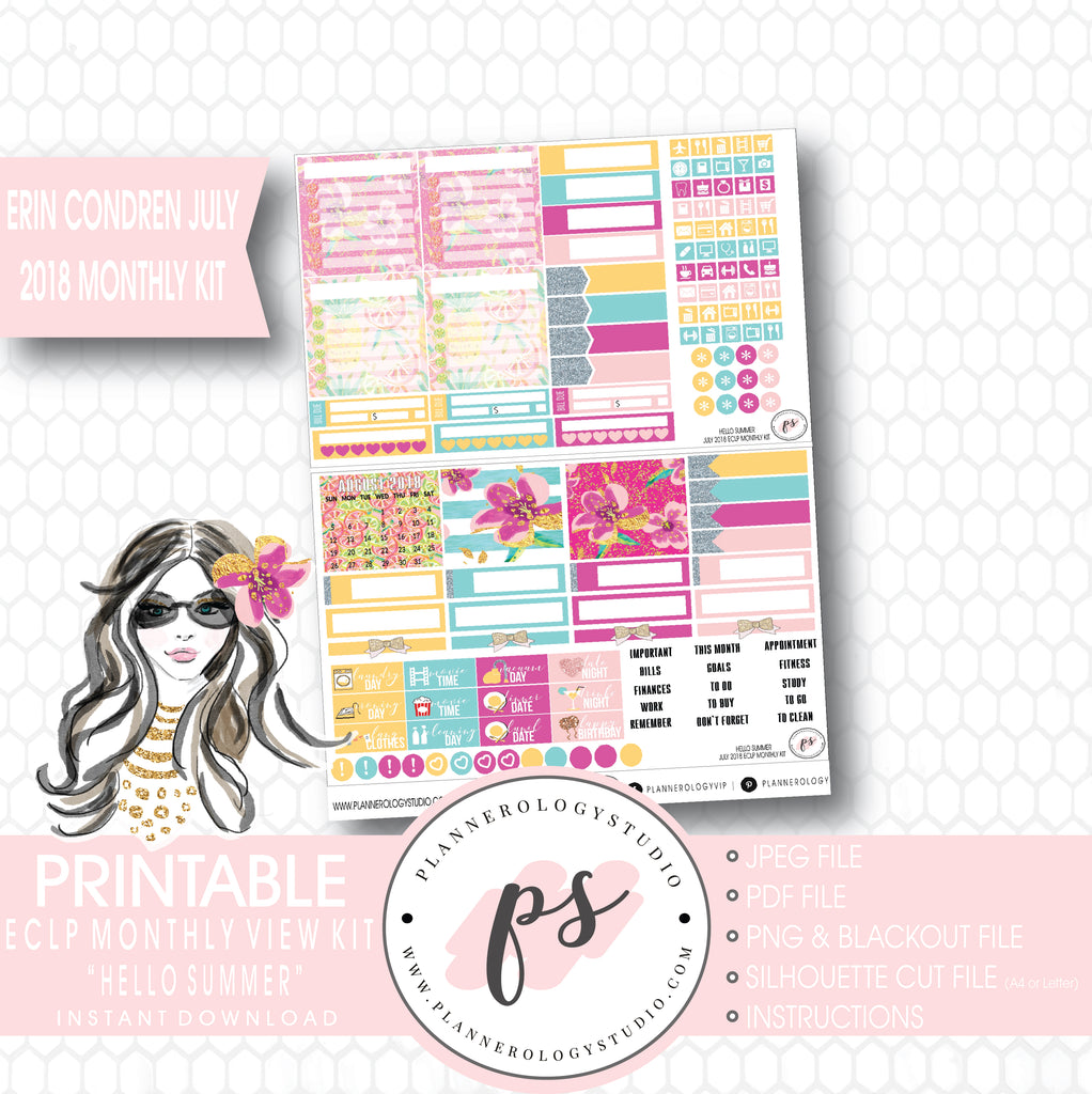 Hello Summer July 2018 Monthly View Kit Digital Printable Planner Stickers (for use with Erin Condren) - Plannerologystudio