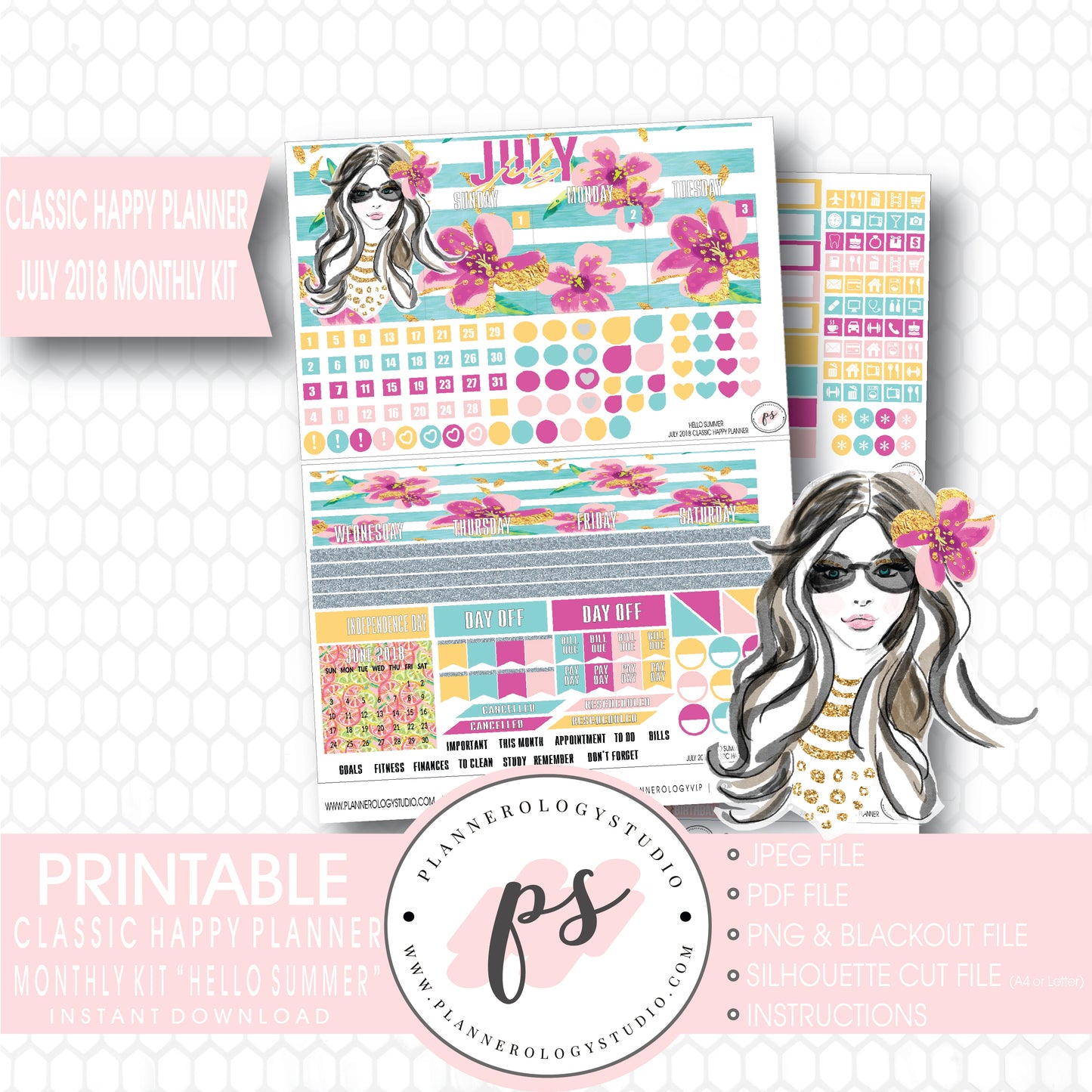 Hello Summer July 2018 Monthly View Kit Digital Printable Planner Stickers (for use with Classic Happy Planner) - Plannerologystudio