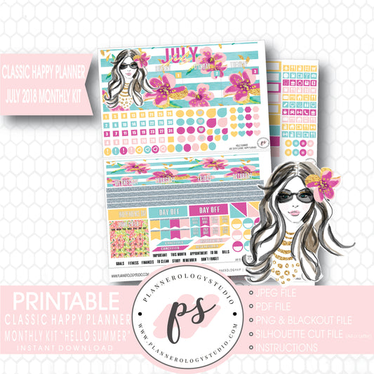 Hello Summer July 2018 Monthly View Kit Digital Printable Planner Stickers (for use with Classic Happy Planner) - Plannerologystudio