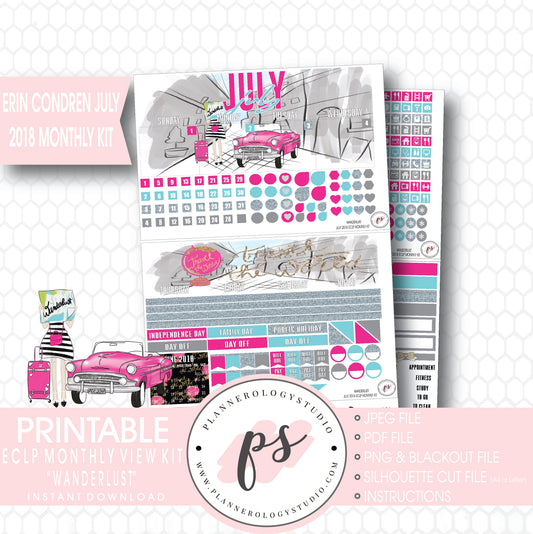 Wanderlust July 2018 Monthly View Kit Digital Printable Planner Stickers (for use with Erin Condren) - Plannerologystudio