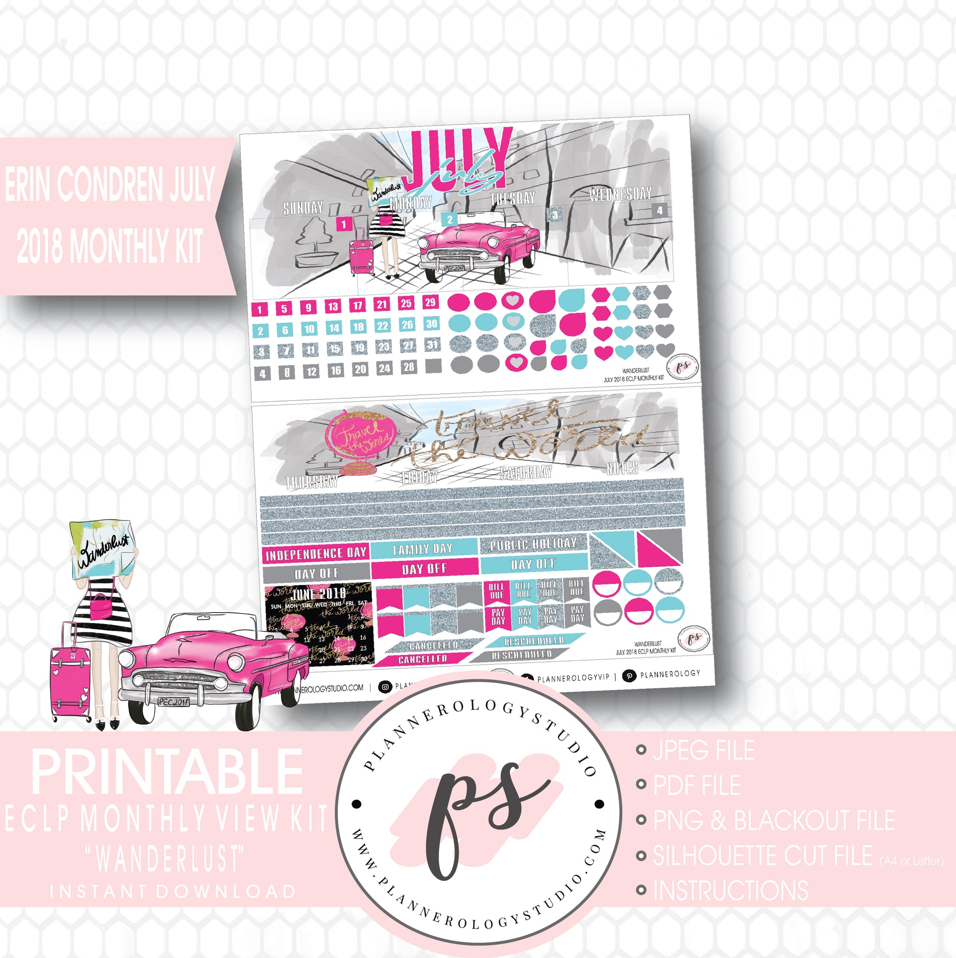 Wanderlust July 2018 Monthly View Kit Digital Printable Planner Stickers (for use with Erin Condren) - Plannerologystudio