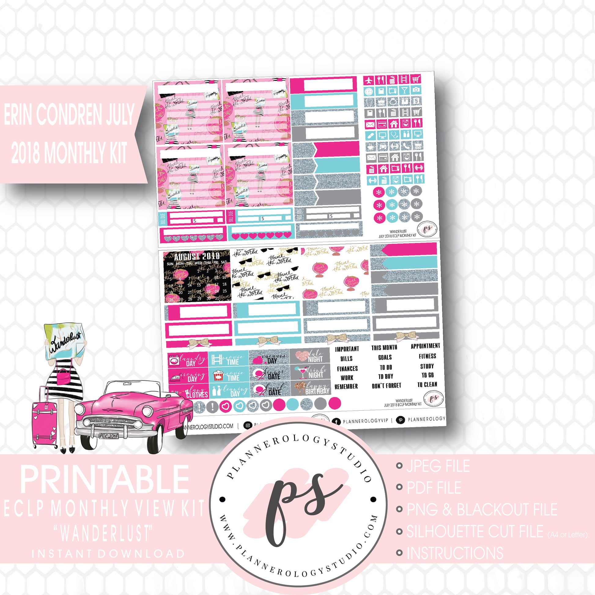 Wanderlust July 2018 Monthly View Kit Digital Printable Planner Stickers (for use with Erin Condren) - Plannerologystudio