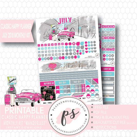 Wanderlust July 2018 Monthly View Kit Digital Printable Planner Stickers (for use with Classic Happy Planner) - Plannerologystudio