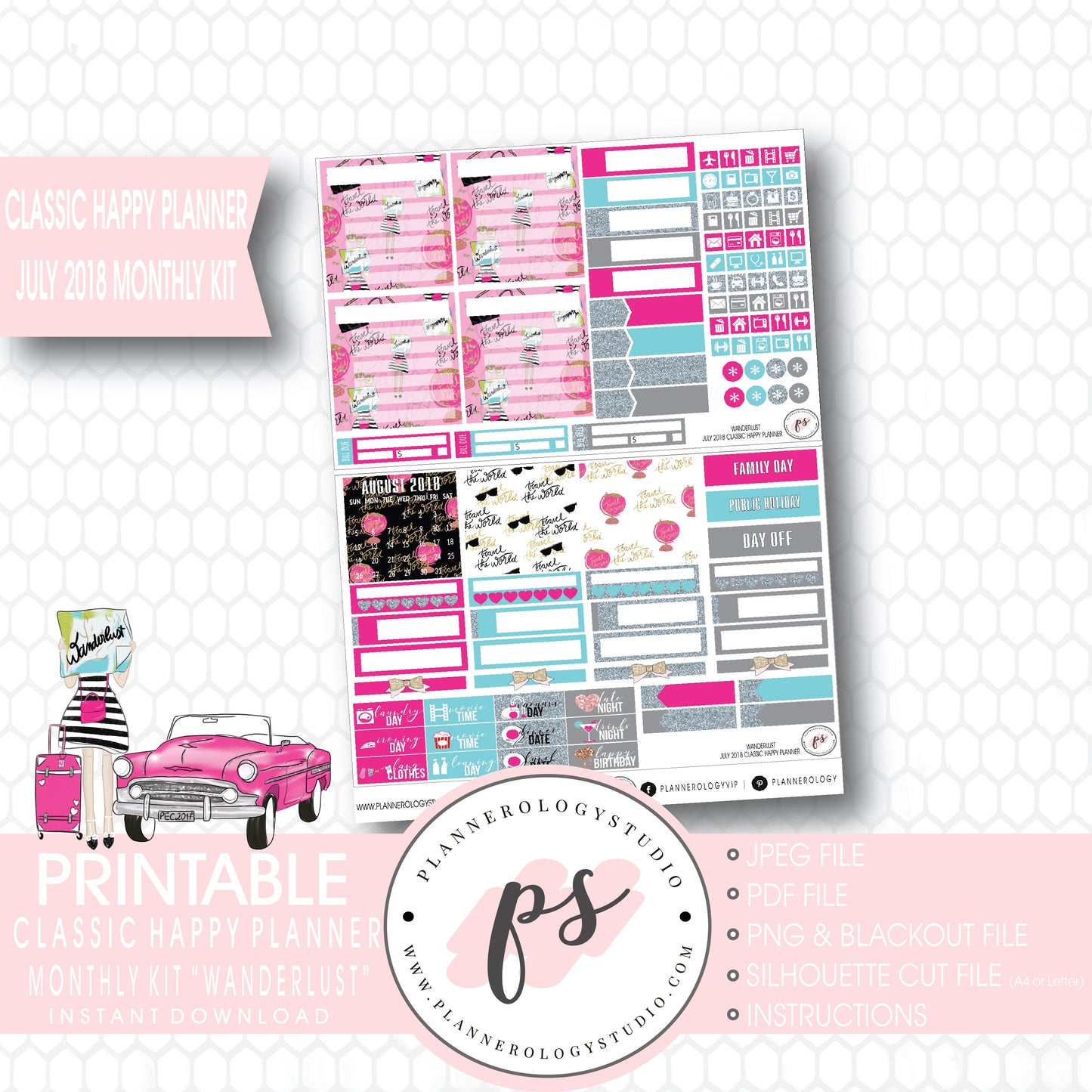 Wanderlust July 2018 Monthly View Kit Digital Printable Planner Stickers (for use with Classic Happy Planner) - Plannerologystudio