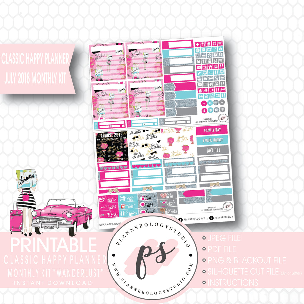 Wanderlust July 2018 Monthly View Kit Digital Printable Planner Stickers (for use with Classic Happy Planner) - Plannerologystudio