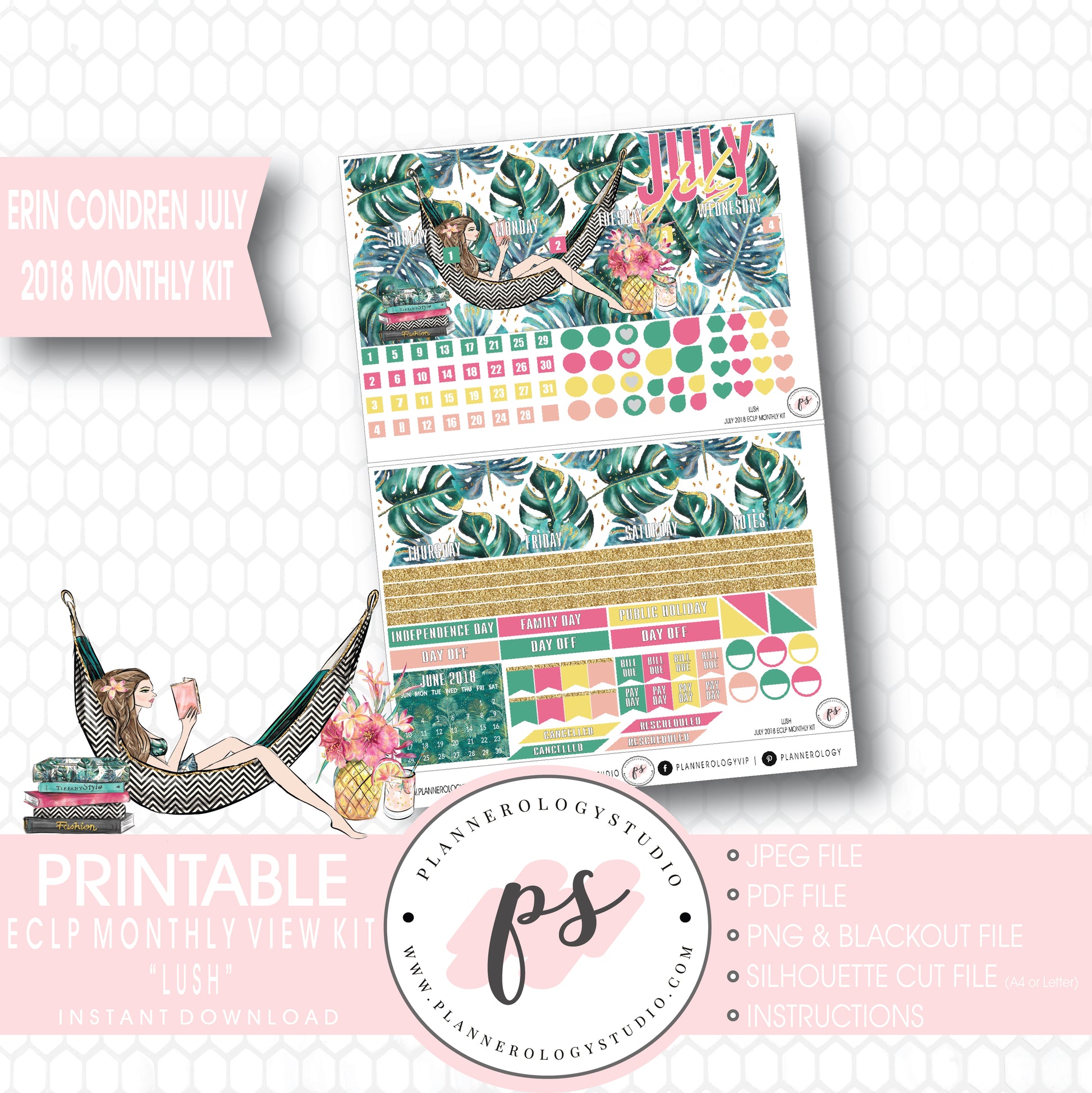 Lush Summer July 2018 Monthly View Kit Digital Printable Planner Stickers (for use with Erin Condren) - Plannerologystudio