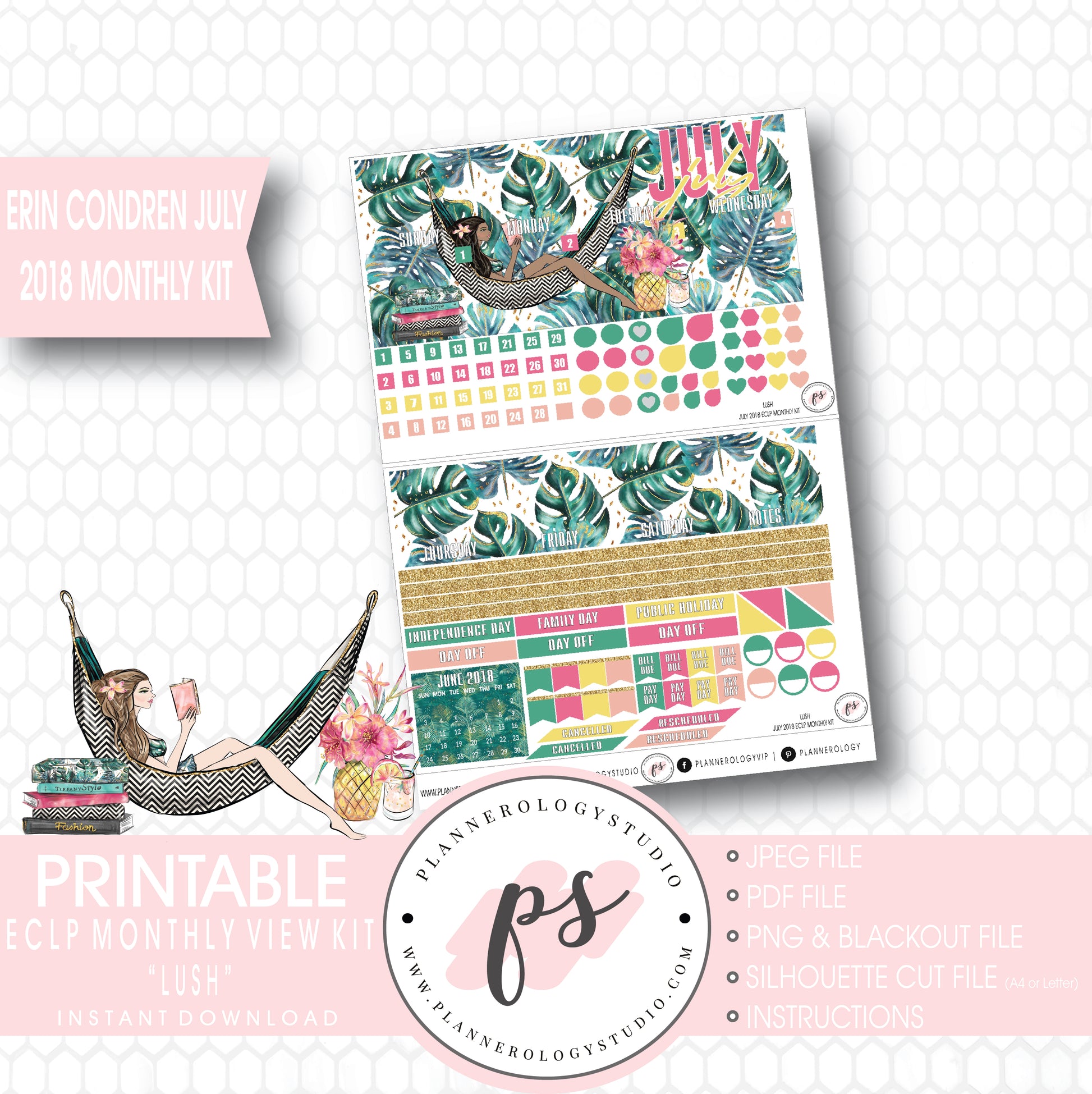 Lush Summer July 2018 Monthly View Kit Digital Printable Planner Stickers (for use with Erin Condren) - Plannerologystudio