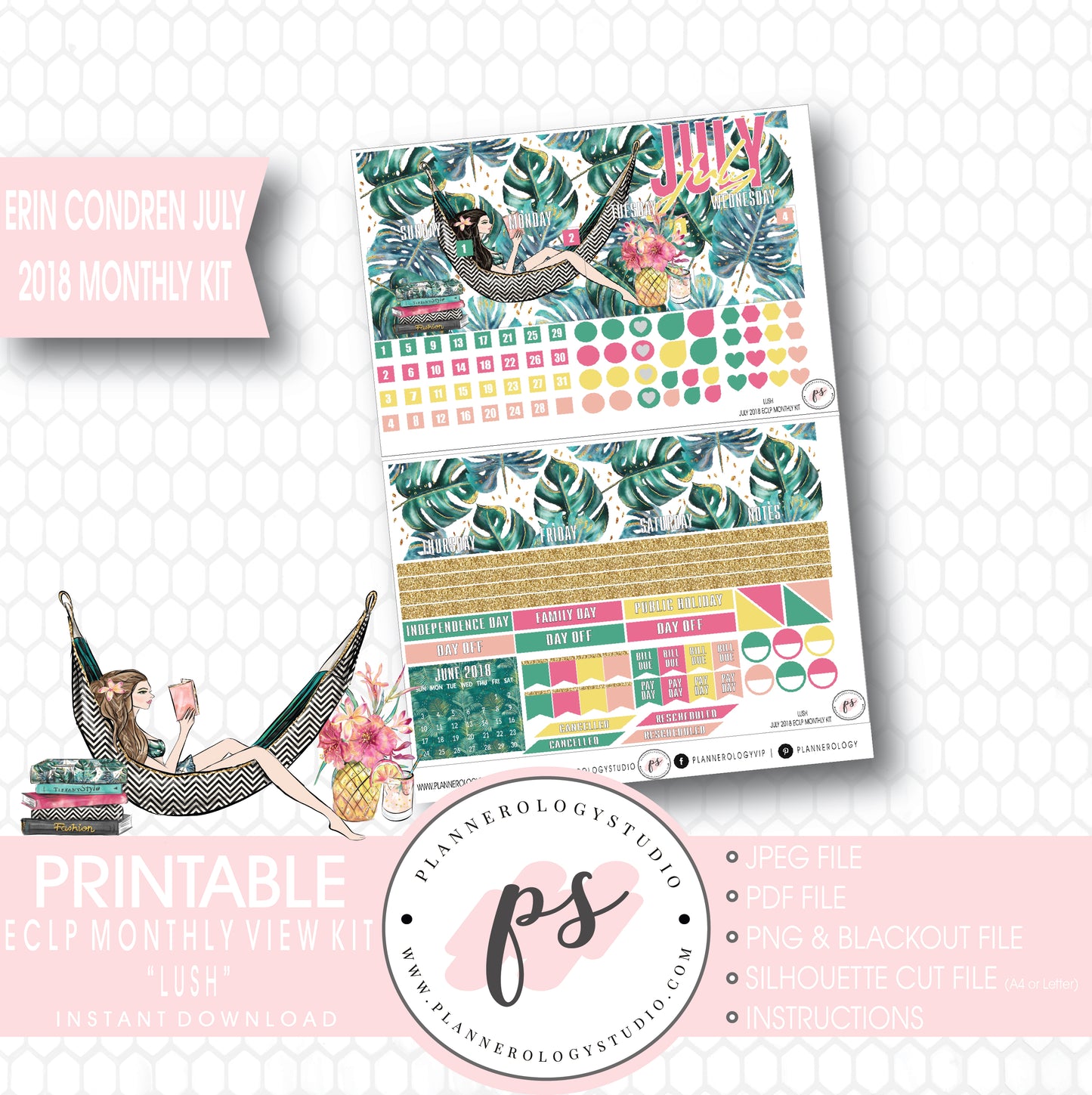 Lush Summer July 2018 Monthly View Kit Digital Printable Planner Stickers (for use with Erin Condren) - Plannerologystudio