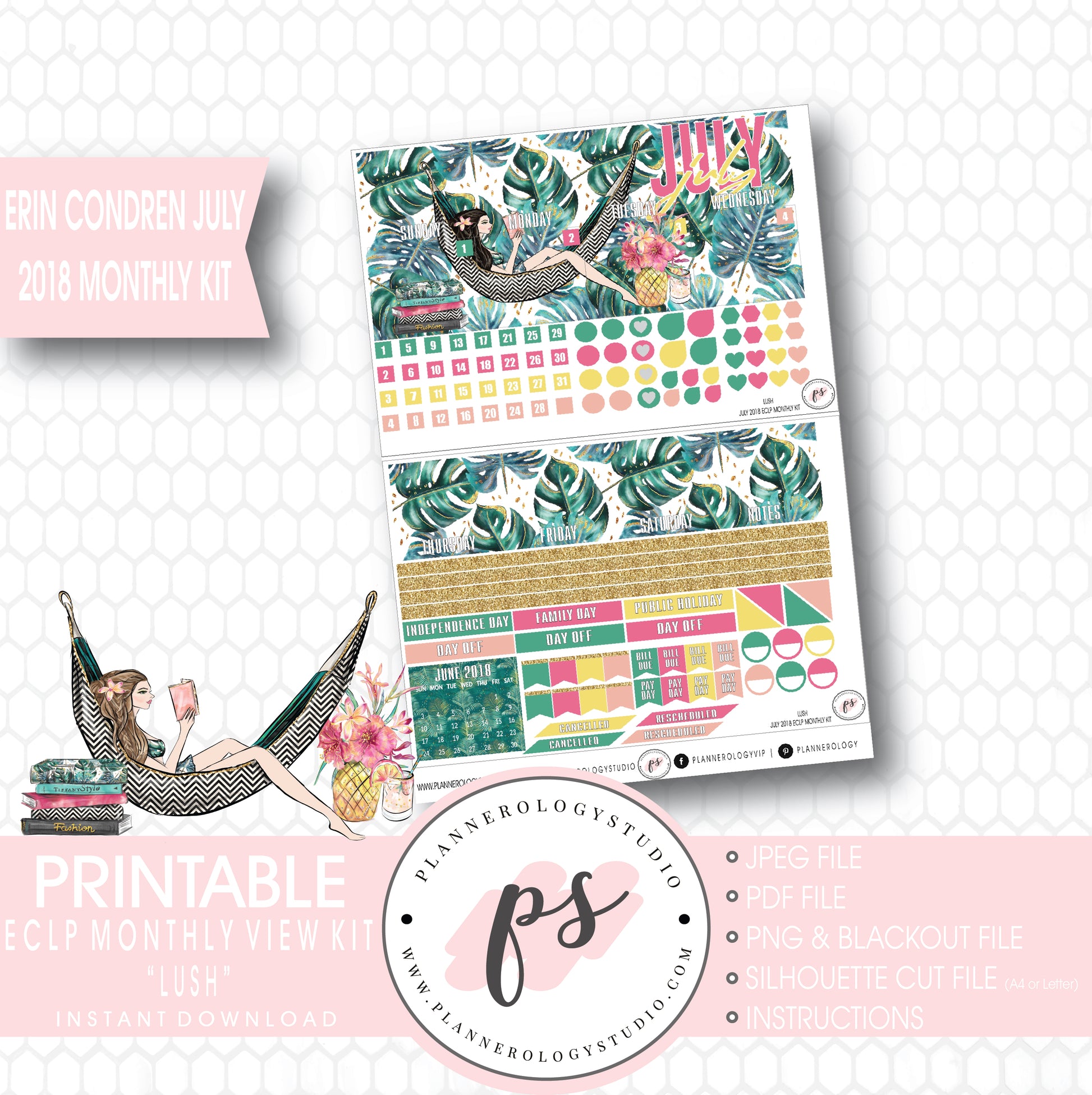 Lush Summer July 2018 Monthly View Kit Digital Printable Planner Stickers (for use with Erin Condren) - Plannerologystudio