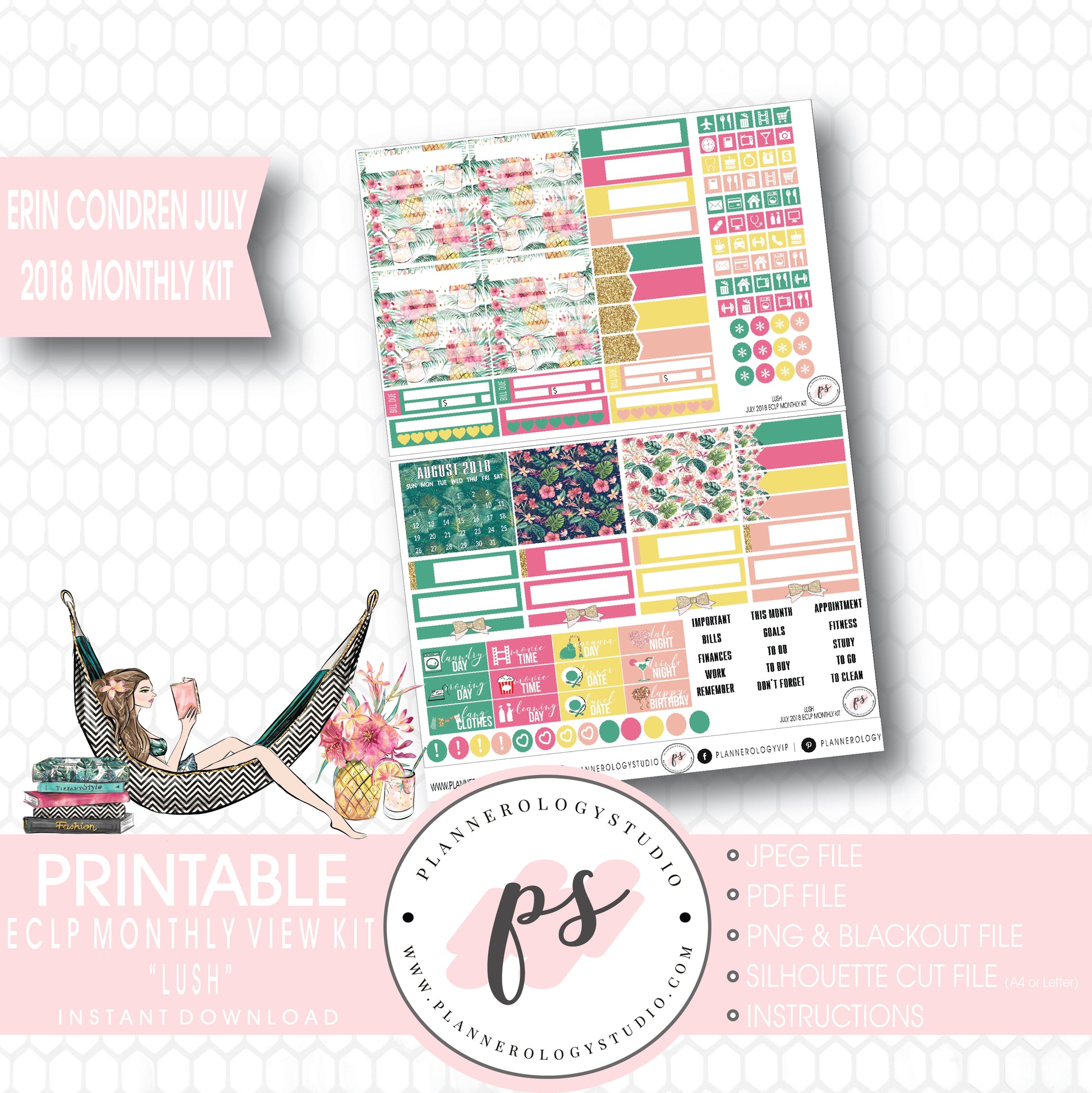 Lush Summer July 2018 Monthly View Kit Digital Printable Planner Stickers (for use with Erin Condren) - Plannerologystudio