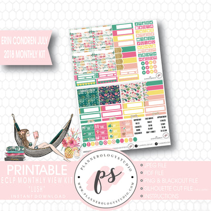 Lush Summer July 2018 Monthly View Kit Digital Printable Planner Stickers (for use with Erin Condren) - Plannerologystudio