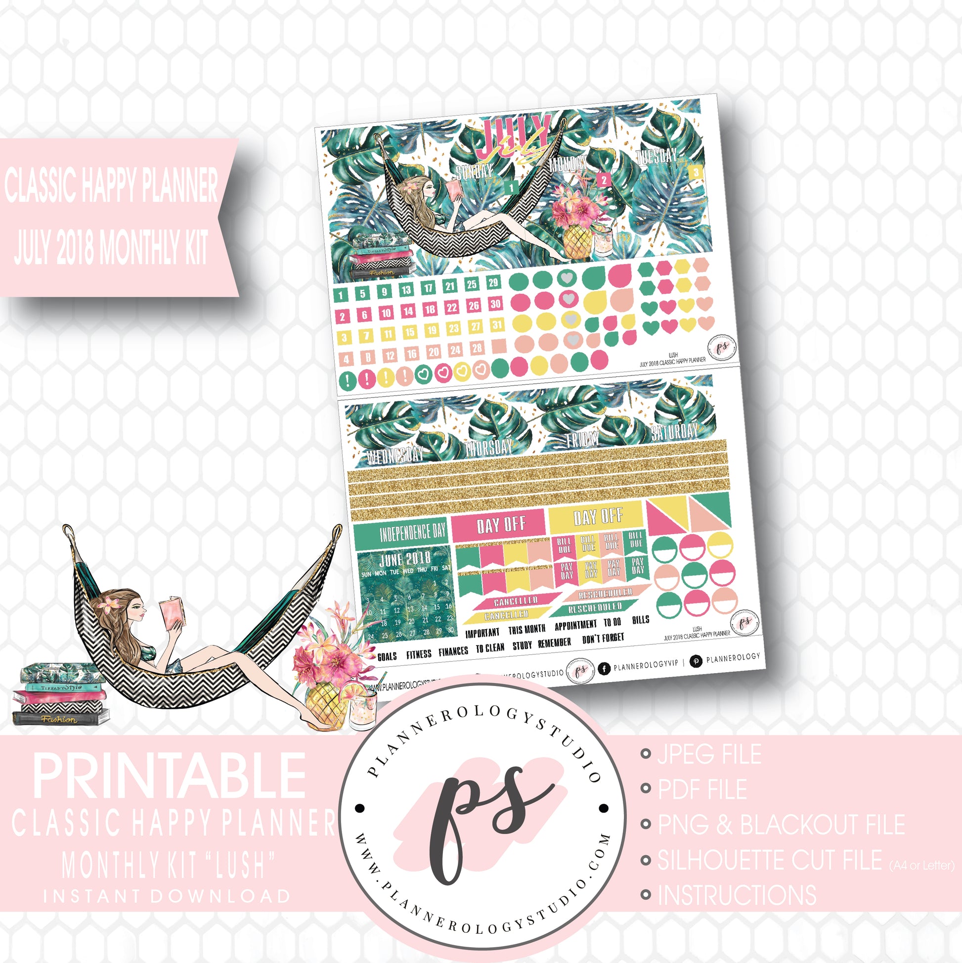 Lush Summer July 2018 Monthly View Kit Digital Printable Planner Stickers (for use with Classic Happy Planner) - Plannerologystudio