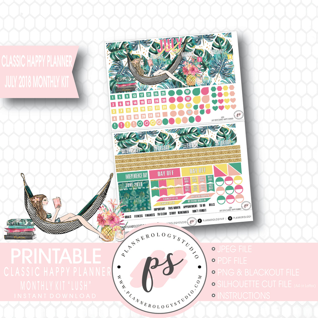 Lush Summer July 2018 Monthly View Kit Digital Printable Planner Stickers (for use with Classic Happy Planner) - Plannerologystudio