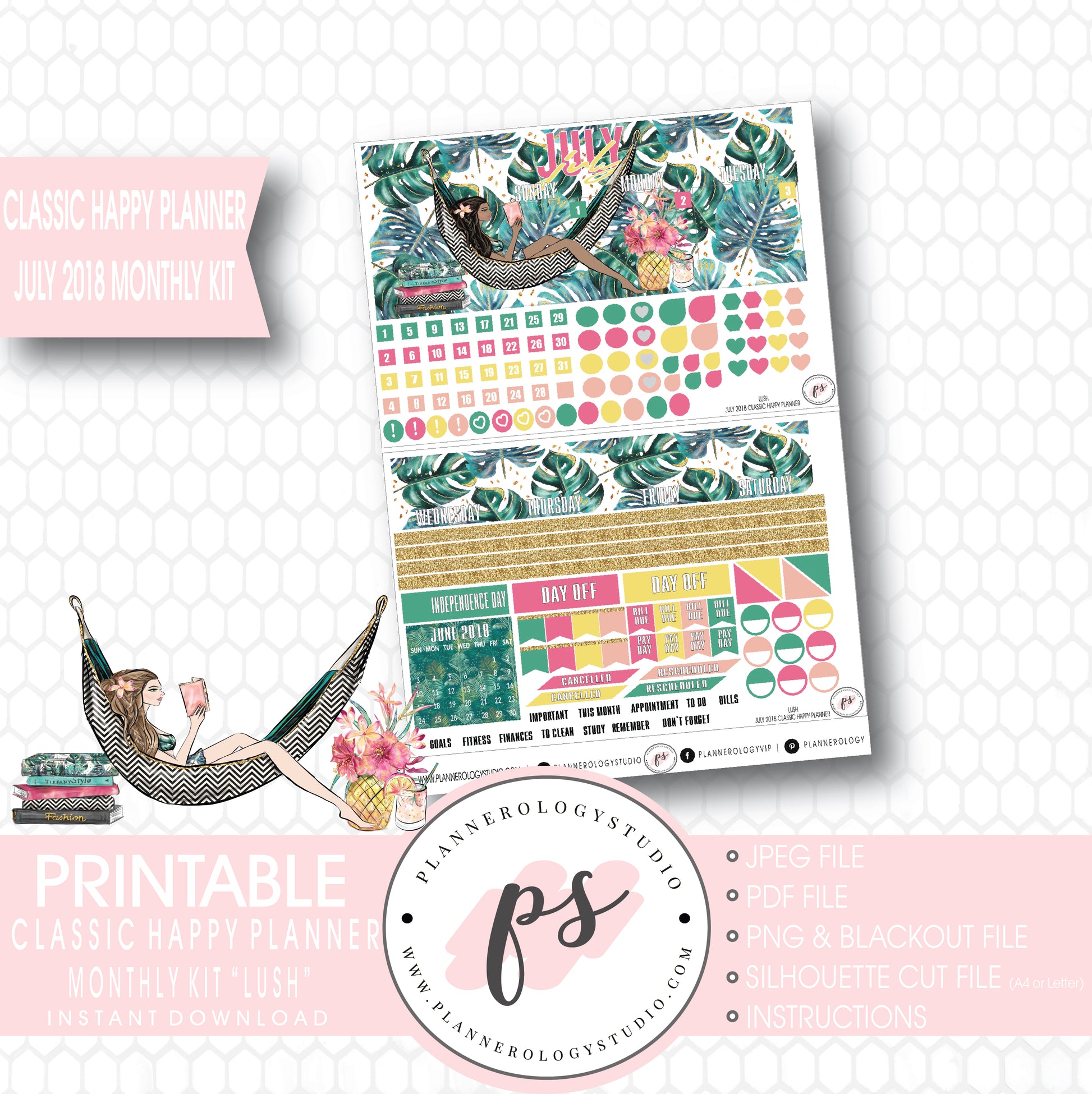Lush Summer July 2018 Monthly View Kit Digital Printable Planner Stickers (for use with Classic Happy Planner) - Plannerologystudio