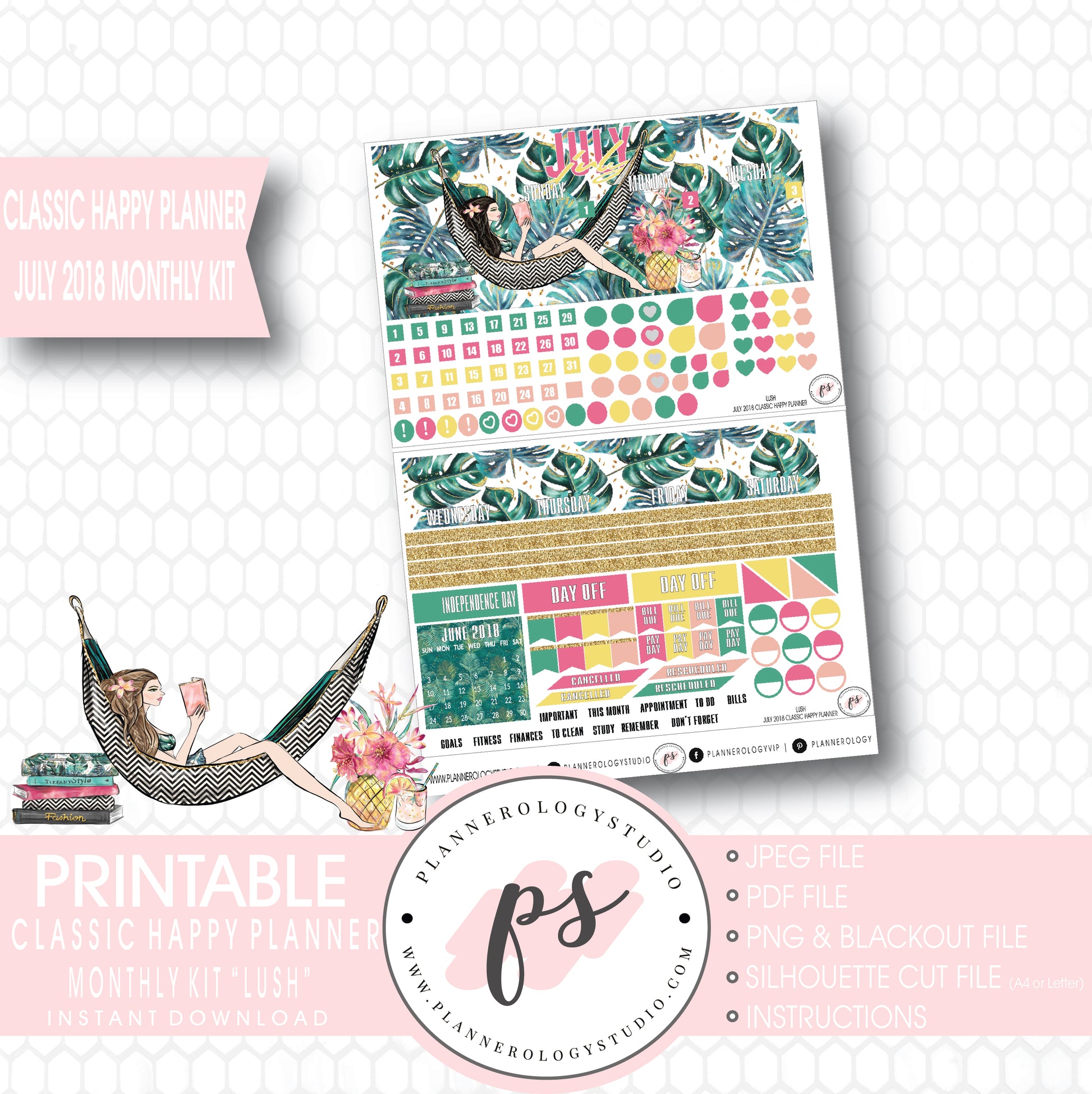 Lush Summer July 2018 Monthly View Kit Digital Printable Planner Stickers (for use with Classic Happy Planner) - Plannerologystudio