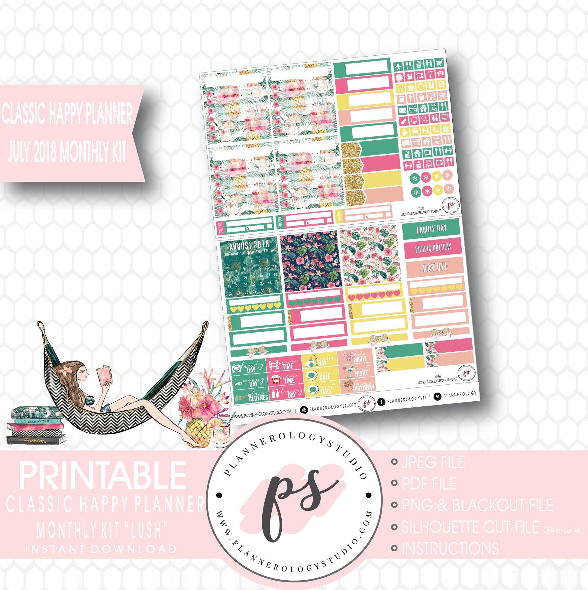 Lush Summer July 2018 Monthly View Kit Digital Printable Planner Stickers (for use with Classic Happy Planner) - Plannerologystudio