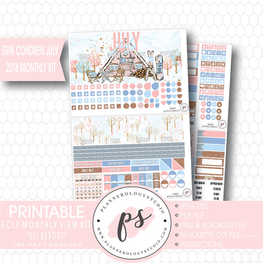 Ski Resort (Winter) July 2018 Monthly View Kit Digital Printable Planner Stickers (for use with Erin Condren) - Plannerologystudio