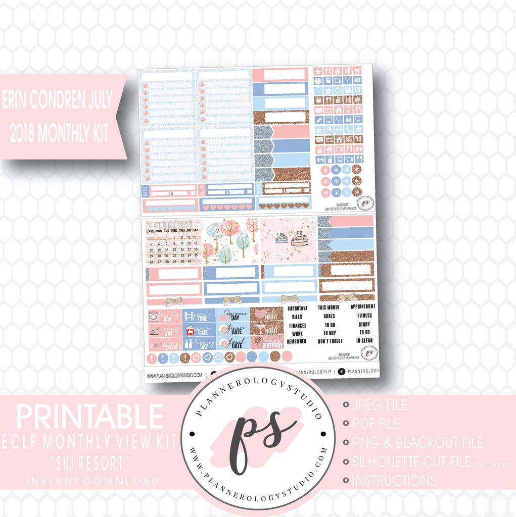 Ski Resort (Winter) July 2018 Monthly View Kit Digital Printable Planner Stickers (for use with Erin Condren) - Plannerologystudio