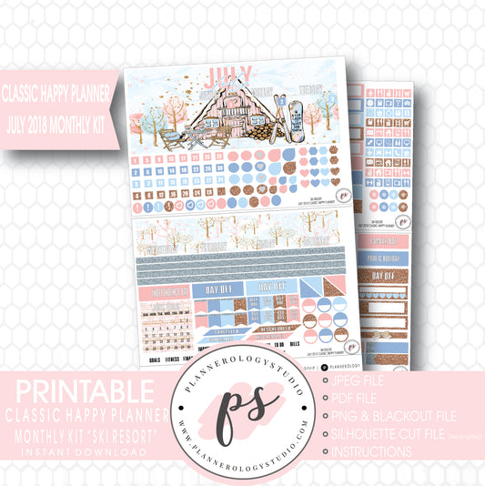 Ski Resort (Winter) July 2018 Monthly View Kit Digital Printable Planner Stickers (for use with Classic Happy Planner) - Plannerologystudio