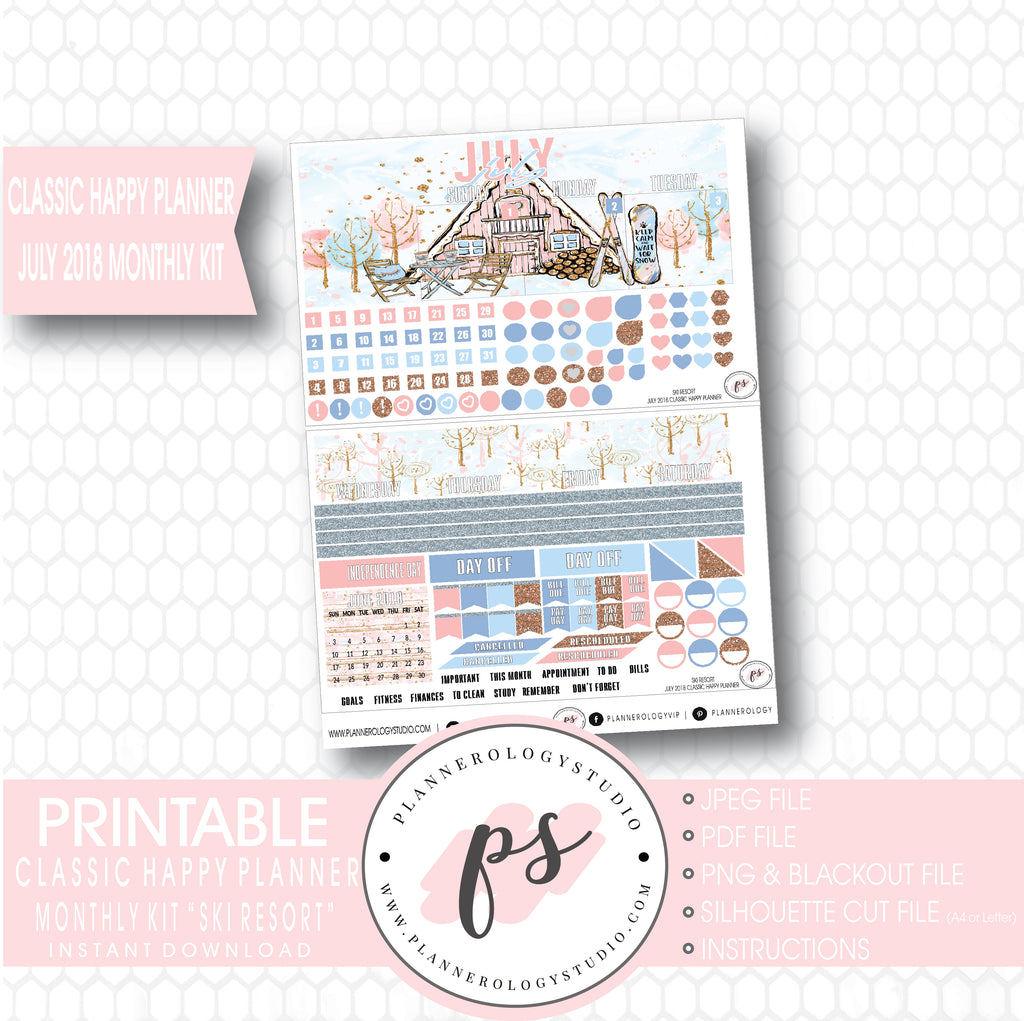 Ski Resort (Winter) July 2018 Monthly View Kit Digital Printable Planner Stickers (for use with Classic Happy Planner) - Plannerologystudio