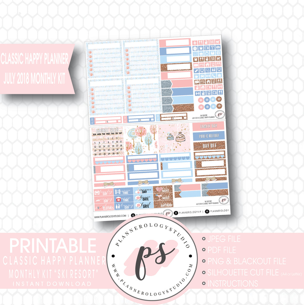 Ski Resort (Winter) July 2018 Monthly View Kit Digital Printable Planner Stickers (for use with Classic Happy Planner) - Plannerologystudio