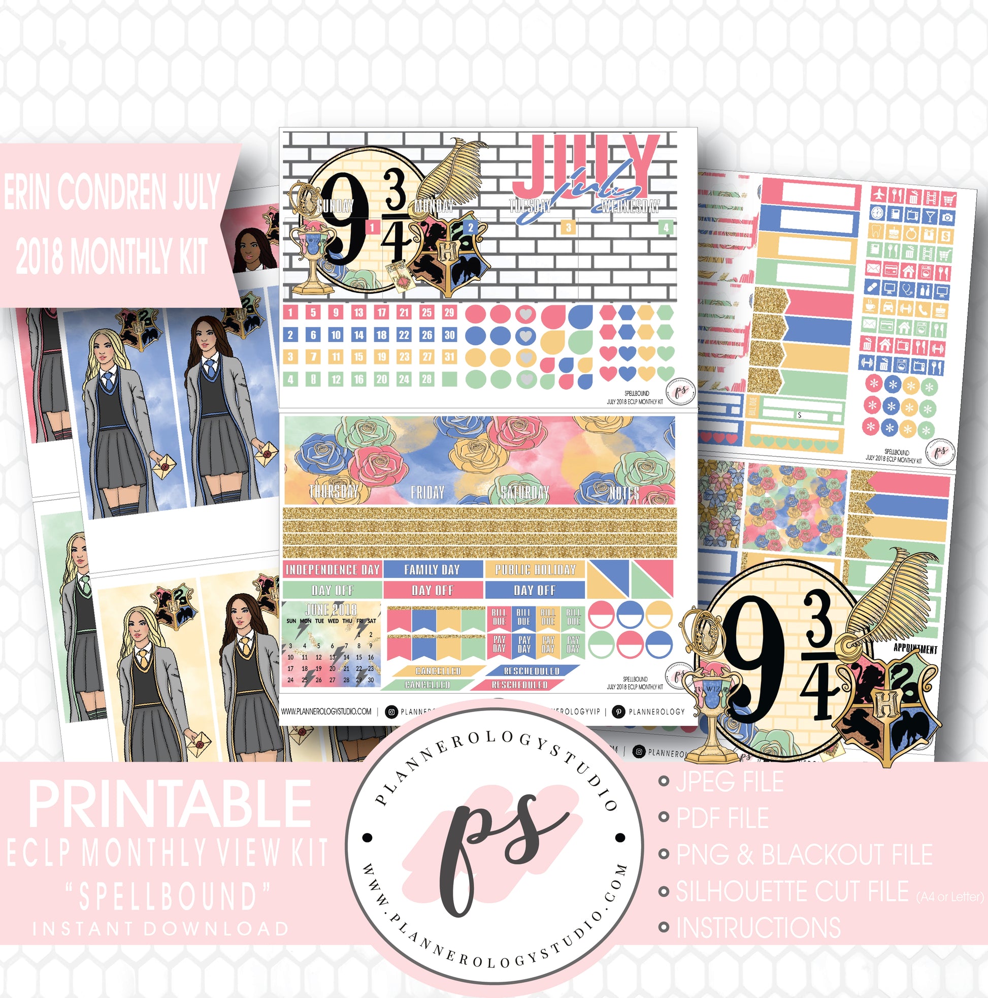 Spellbound (Harry Potter) July 2018 Monthly View Kit Digital Printable Planner Stickers (for use with Erin Condren) - Plannerologystudio