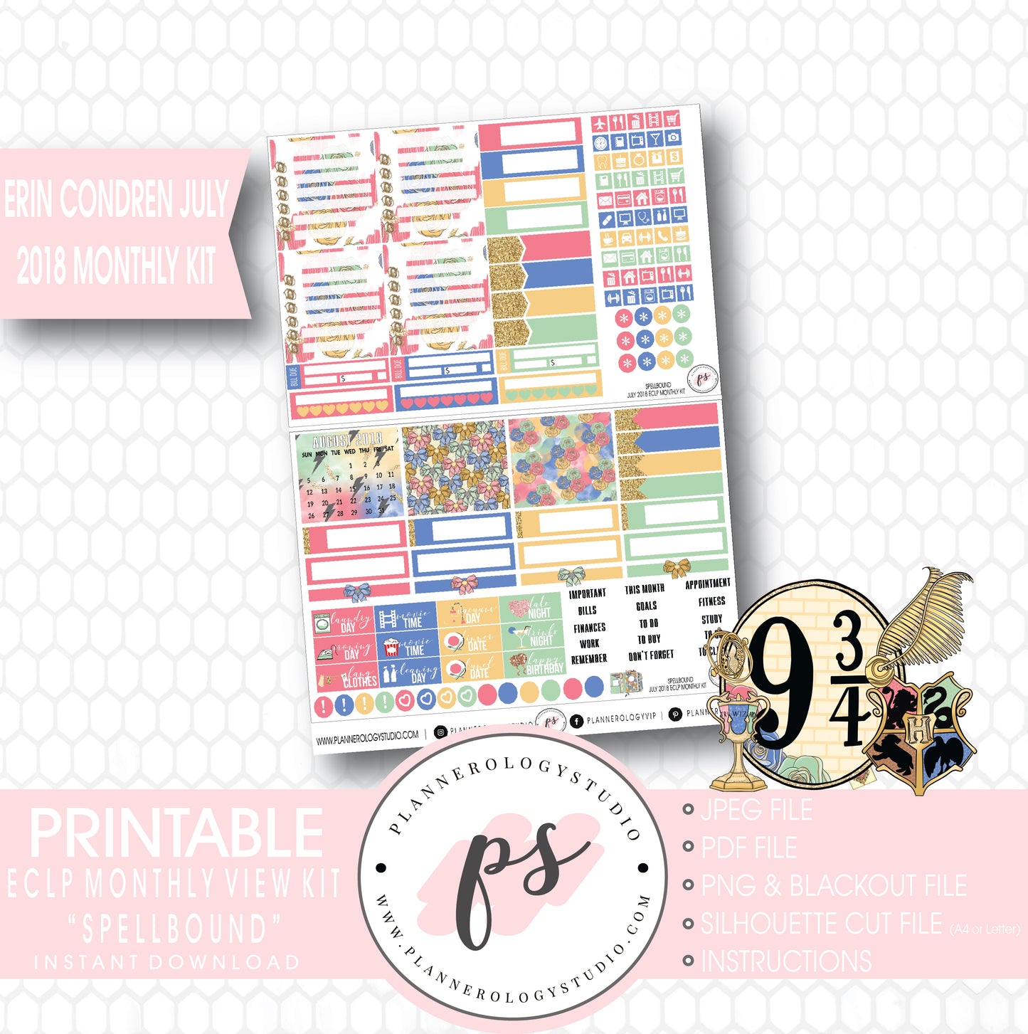 Spellbound (Harry Potter) July 2018 Monthly View Kit Digital Printable Planner Stickers (for use with Erin Condren) - Plannerologystudio