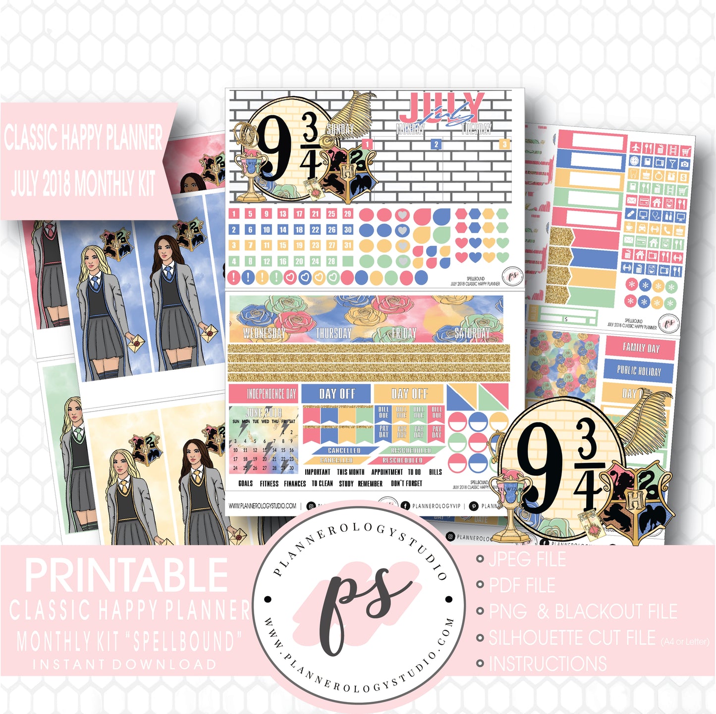 Spellbound (Harry Potter) July 2018 Monthly View Kit Digital Printable Planner Stickers (for use with Classic Happy Planner) - Plannerologystudio