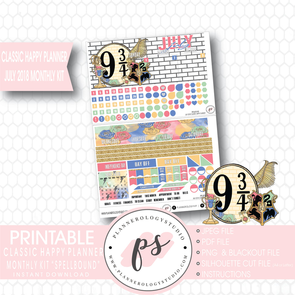 Spellbound (Harry Potter) July 2018 Monthly View Kit Digital Printable Planner Stickers (for use with Classic Happy Planner) - Plannerologystudio