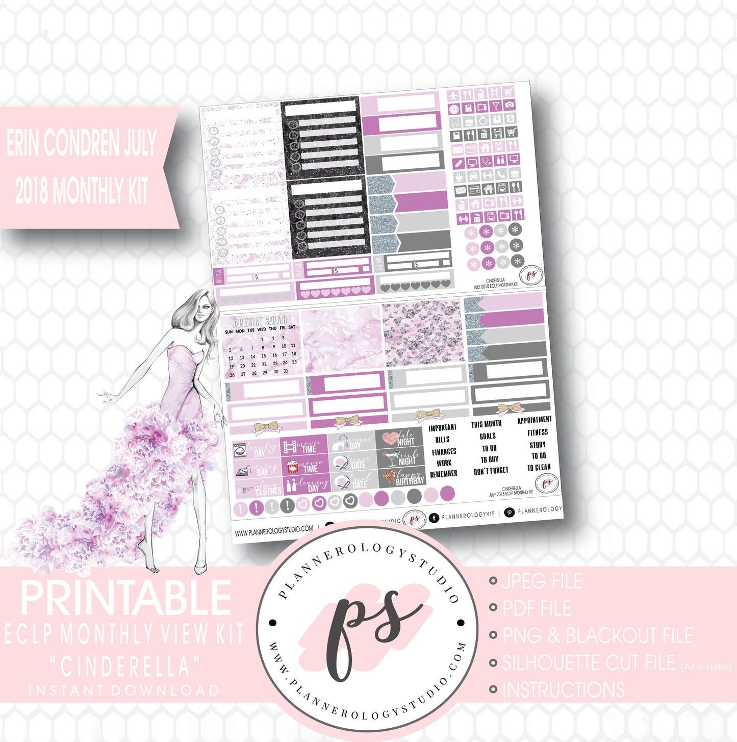 Cinderella July 2018 Monthly View Kit Digital Printable Planner Stickers (for use with Erin Condren) - Plannerologystudio