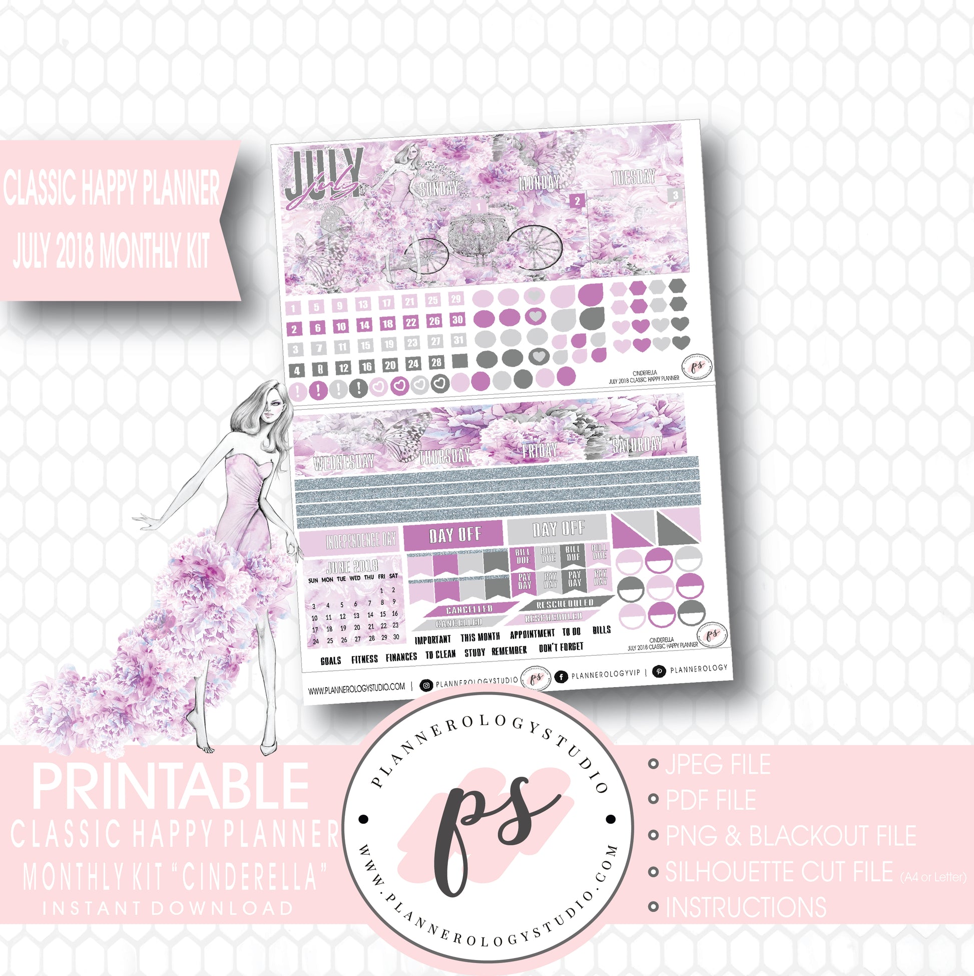 Cinderella July 2018 Monthly View Kit Digital Printable Planner Stickers (for use with Classic Happy Planner) - Plannerologystudio