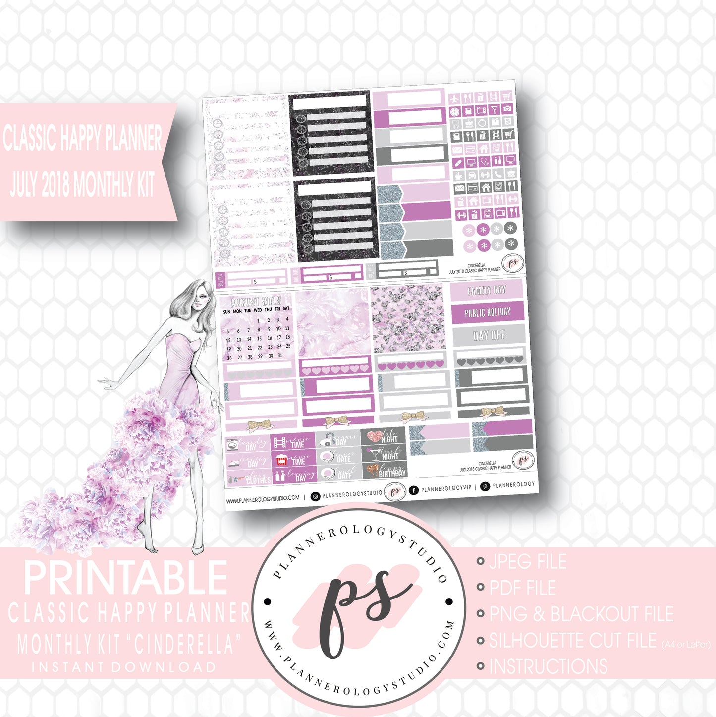 Cinderella July 2018 Monthly View Kit Digital Printable Planner Stickers (for use with Classic Happy Planner) - Plannerologystudio