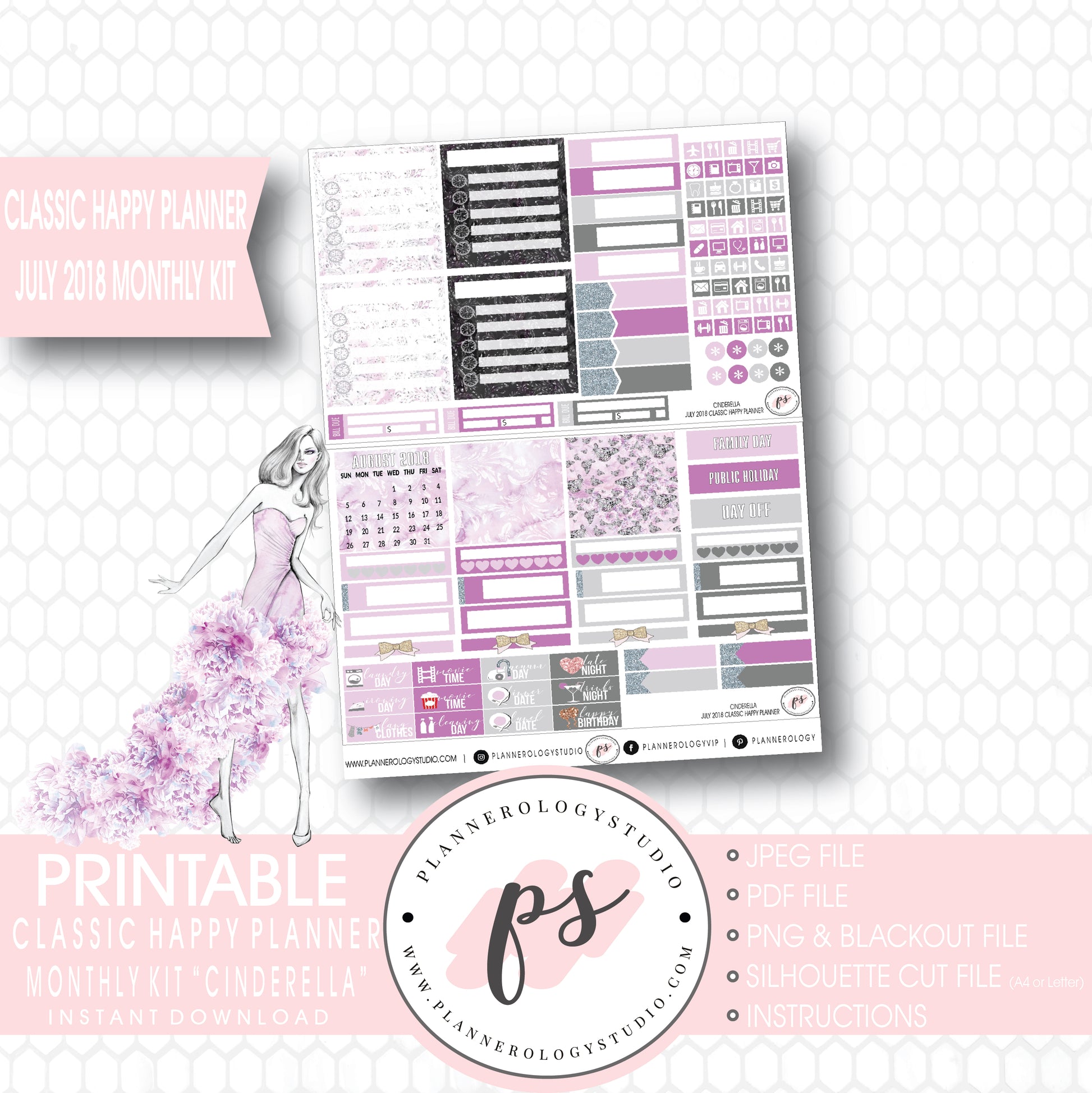 Cinderella July 2018 Monthly View Kit Digital Printable Planner Stickers (for use with Classic Happy Planner) - Plannerologystudio
