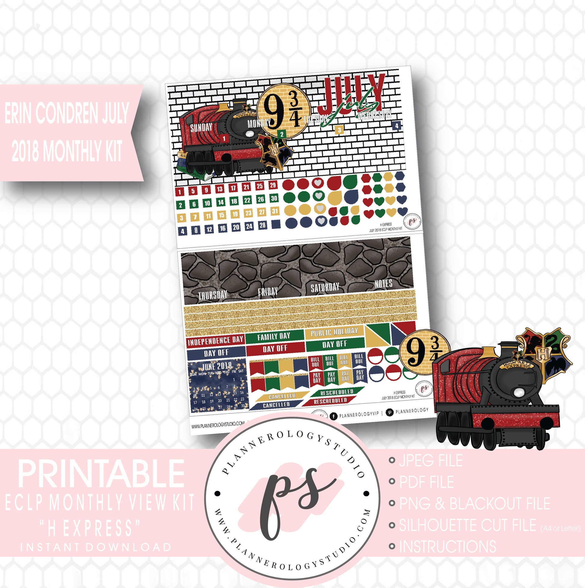 H Express (Harry Potter) July 2018 Monthly View Kit Digital Printable Planner Stickers (for use with Erin Condren) - Plannerologystudio