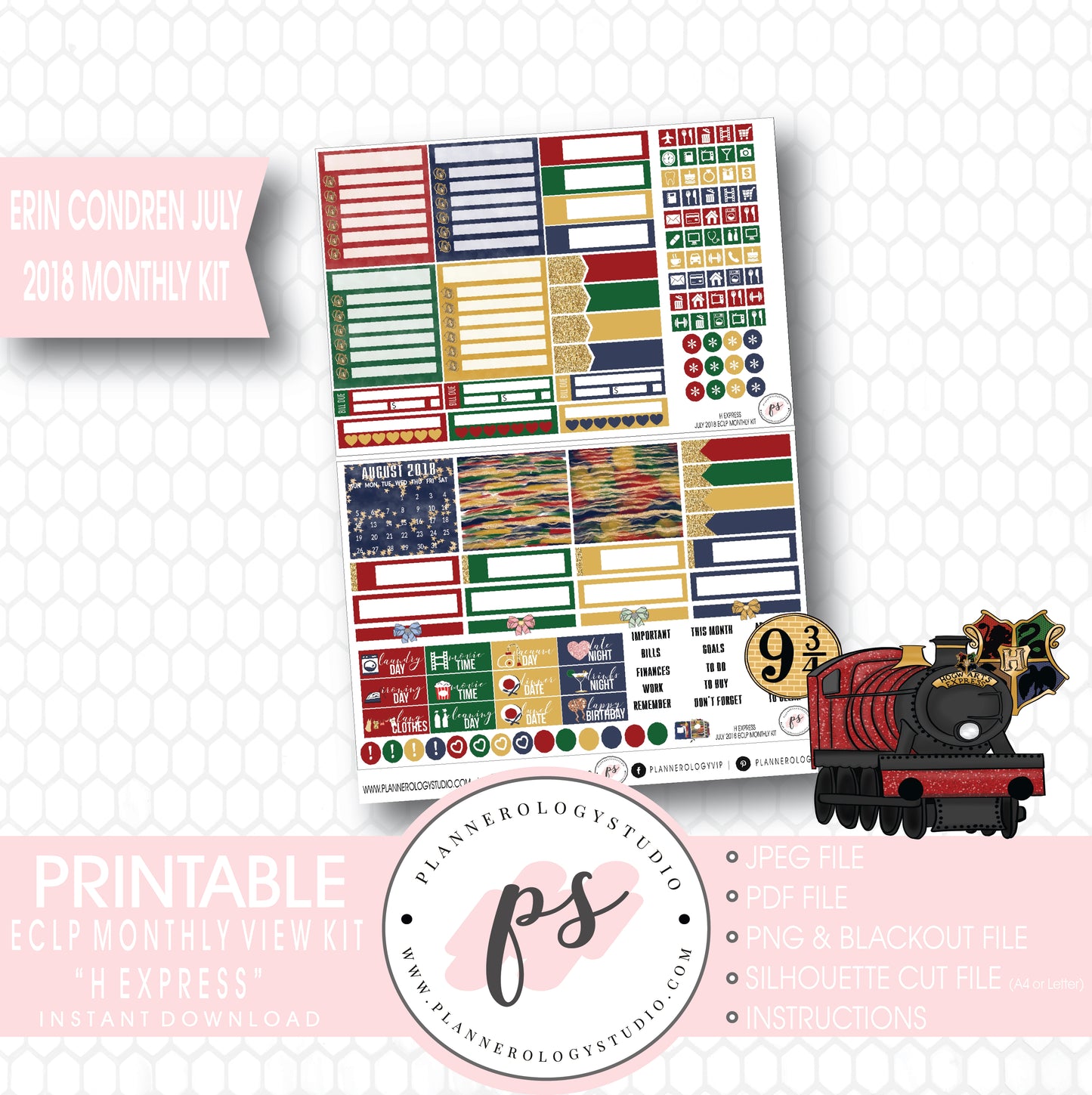 H Express (Harry Potter) July 2018 Monthly View Kit Digital Printable Planner Stickers (for use with Erin Condren) - Plannerologystudio