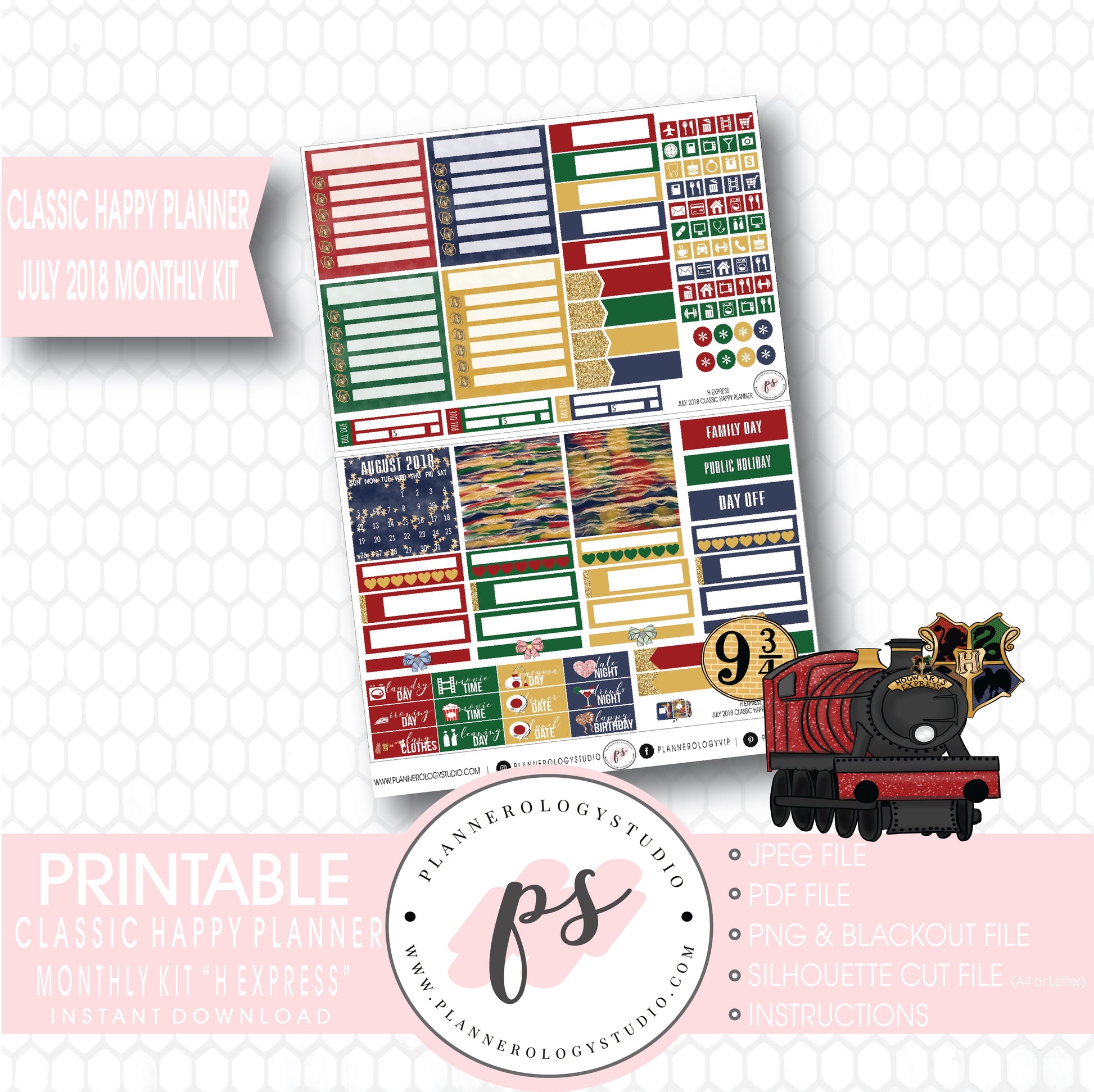 H Express (Harry Potter) July 2018 Monthly View Kit Digital Printable Planner Stickers (for use with Classic Happy Planner) - Plannerologystudio