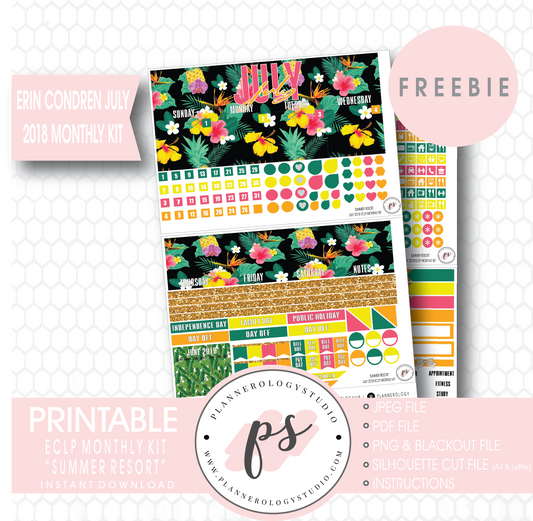 Summer Resort ECLP Erin Condren July 2018 Monthly Kit Digital Printable Planner Stickers (PDF/JPG/PNG/Silhouette Cut File Freebie) - Plannerologystudio